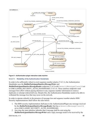 DDS Security, v1.0 61
Figure 9 – Authentication plugin interaction state machine
8.3.2.7.1 Reliability of the Authentication Handshake
In order to be sufficiently robust to avert sequence number attacks (7.4.3.1), the Authentication
Handshake uses the BuiltinParticipantStatelessMessageWriter and
BuiltinParticipantStatelessMessageReader endpoints (7.4.3) with GenericMessageClassId set
to GMCLASSID_SECURITY_AUTH_HANDSHAKE (7.4.3.5). These stateless endpoints send
messages best-effort without paying attention to any sequence number information to remove
duplicates or attempt ordered delivery. Despite this, the Authentication Handshake needs to be able to
withstand the message loss that may occur on the network.
In order to operate robustly in the presence of message loss and sequence number attacks DDS
Security implementations shall follow the rules below:
1. The DDS security implementation shall pass to the AuthenticationPlugin any message received
by the BuiltinParticipantStatelessMessageReader that has a GenericMessageClassId
set to GMCLASSID_SECURITY_AUTH_HANDSHAKE.
2. Any time the state-machine indicates that a message shall be sent using the
BuiltinParticipantStatelessMessageWriter and a reply message needs to be received by the
stm AuthBehavior
HandshakeInit
HandshakeInitReply
Choice
Initialized
EntryPoint
Validation_OK
Validation_Failed
HandshakeMessageSend
Choice
HandshakeCompletedOK
HandshakeMessageWait
HandshakeInitMessageWait
HandshakeFinalMessage
HandshakeMessageReceived
[VALIDATION_FAILED]
begin_handshake_reply()
[VALIDATION_PENDING_HANDSHAKE_REQUEST] [VALIDATION_PENDING_HANDSHAKE_MESSAGE]
[VALIDATION_OK] [VALIDATION_FAILED]
validate_remote_identity()
begin_handshake_request()
DDS::send_message()
process_handshake()
[VALIDATION_OK]
[VALIDATION_PENDING_HANDSHAKE_MESSAGE]
[VALIDATION_OK_WITH_FINAL_MESSAGE]
get_shared_secret()
DDS::receive_message()
DDS::receive_message()
DDS::send_message()
validate_local_identity()
 
