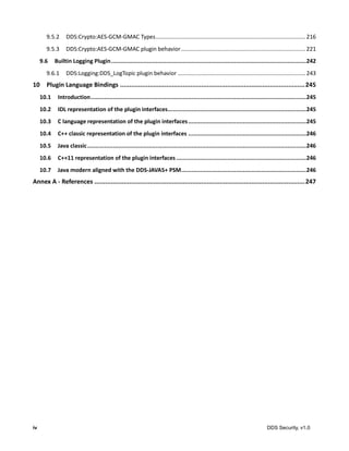 iv DDS Security, v1.0
9.5.2 DDS:Crypto:AES-GCM-GMAC Types............................................................................................... 216
9.5.3 DDS:Crypto:AES-GCM-GMAC plugin behavior............................................................................... 221
9.6 Builtin Logging Plugin..................................................................................................................242
9.6.1 DDS:Logging:DDS_LogTopic plugin behavior ................................................................................. 243
10 Plugin Language Bindings ....................................................................................................245
10.1 Introduction..............................................................................................................................245
10.2 IDL representation of the plugin interfaces.................................................................................245
10.3 C language representation of the plugin interfaces.....................................................................245
10.4 C++ classic representation of the plugin interfaces .....................................................................246
10.5 Java classic................................................................................................................................246
10.6 C++11 representation of the plugin interfaces ............................................................................246
10.7 Java modern aligned with the DDS-JAVA5+ PSM.........................................................................246
Annex A - References ..................................................................................................................247
 