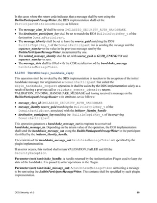 DDS Security, v1.0 69
In the cases where the return code indicates that a message shall be sent using the
BuiltinParticipantMessageWriter, the DDS implementation shall set the
ParticipantStatelessMessage as follows:
The message_class_id shall be set to GMCLASSID_SECURITY_AUTH_HANDSHAKE.
The destination_participant_key shall be set to match the DDS BuiltinTopicKey_t of the
destination DomainParticipant.
The message_identity shall be set to have the source_guid matching the DDS
BuiltinTopicKey_t of the DomainParticipant that is sending the message and the
sequence_number to the value in the previous message sent by the
BuiltinParticipantMessageWriter, incremented by one.
The related_message_identity shall be set with source_guid as GUID_UNKNOWN and
sequence_number to zero.
The message_data shall be filled with the CDR serialization of the handshake_message
HandshakeMessageToken.
8.3.2.9.5 Operation: begin_handshake_reply
This operation shall be invoked by the DDS implementation in reaction to the reception of the initial
handshake message that originated on a DomainParticipant that called the
begin_handshake_request operation. It shall be called by the DDS implementation solely as a
result of having a previous call to validate_remote_identity returns
VALIDATION_PENDING_HANDSHAKE_MESSAGE and having received a message on the
BuiltinParticipantMessageReader with attributes set as follows:
message_class_id GMCLASSID_SECURITY_AUTH_HANDSHAKE
message_identity source_guid matching the BuiltinTopicKey_t of the
DomainParticipant associated with the initiator_identity_handle
destination_participant_key matching the BuiltinTopicKey_t of the receiving
DomainParticipant
This operation generates a handshake_message_out in response to a received
handshake_message_in. Depending on the return value of the operation, the DDS implementation
shall send the handshake_message_out using the BuiltinParticipantMessageWriter to the participant
identified by the initiator_identity_handle.
The contents of the handshake_message_out HandshakeMessageToken are specified by the
plugin implementation.
If an error occurs, this method shall return VALIDATION_FAILED and fill the
SecurityException.
Parameter (out) handshake_handle: A handle returned by the Authentication Plugin used to keep the
state of the handshake. It is passed to other operations in the Plugin.
Parameter (out) handshake_message_out: A HandshakeMessageToken containing a message
to be sent using the BuiltinParticipantMessageWriter. The contents shall be specified by each plugin
implementation.
 
