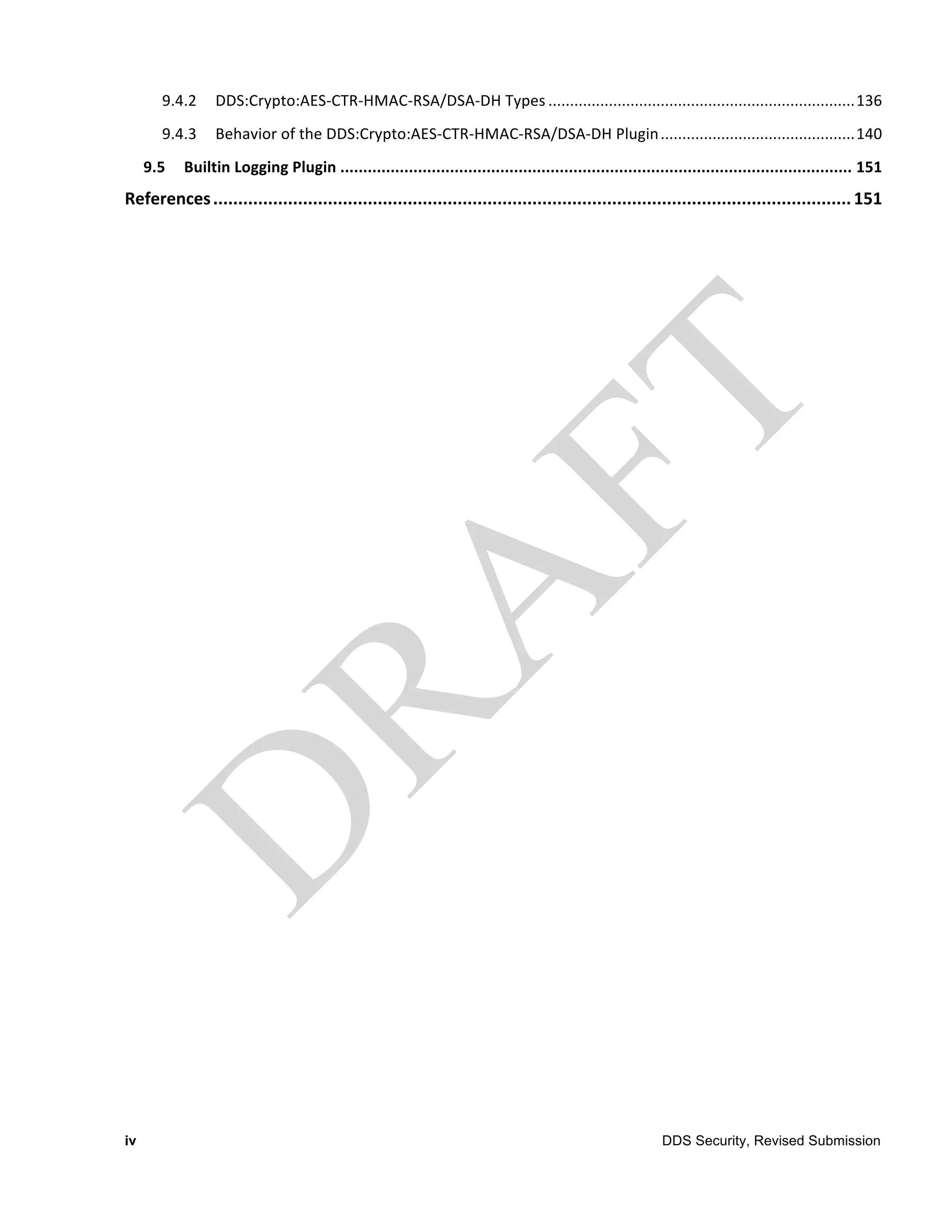 9.4.2	
   DDS:Crypto:AES-­‐CTR-­‐HMAC-­‐RSA/DSA-­‐DH	
  Types .......................................................................136	
  
        9.4.3	
   Behavior	
  of	
  the	
  DDS:Crypto:AES-­‐CTR-­‐HMAC-­‐RSA/DSA-­‐DH	
  Plugin .............................................140	
  
     9.5	
   Builtin	
  Logging	
  Plugin ................................................................................................................ 151	
  
References ................................................................................................................................ 151	
  




iv                                                                                                                DDS Security, Revised Submission
 