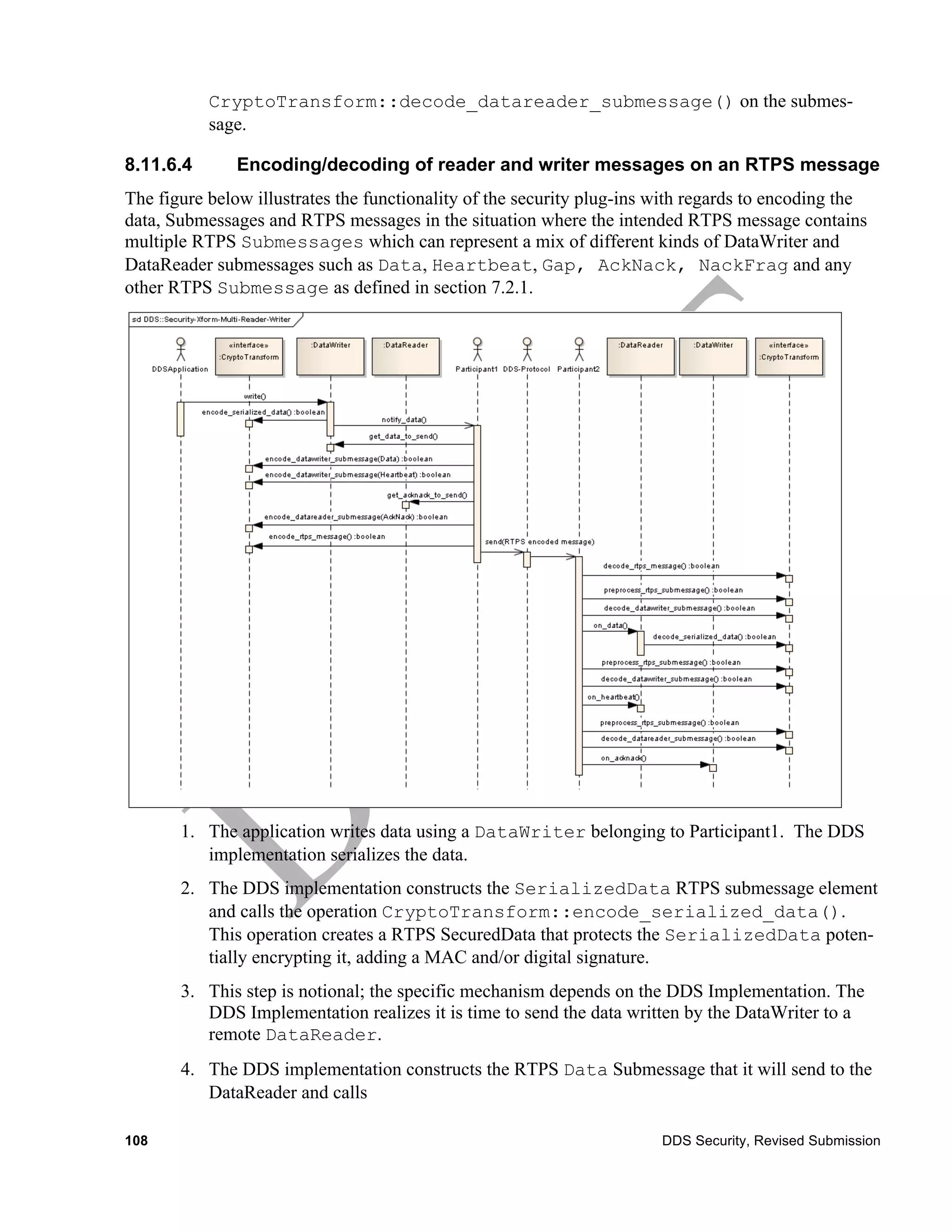 CryptoTransform::decode_datareader_submessage() on the submes-
           sage.

8.11.6.4       Encoding/decoding of reader and writer messages on an RTPS message
The figure below illustrates the functionality of the security plug-ins with regards to encoding the
data, Submessages and RTPS messages in the situation where the intended RTPS message contains
multiple RTPS Submessages which can represent a mix of different kinds of DataWriter and
DataReader submessages such as Data, Heartbeat, Gap, AckNack, NackFrag and any
other RTPS Submessage as defined in section 7.2.1.




       1. The application writes data using a DataWriter belonging to Participant1. The DDS
          implementation serializes the data.
       2. The DDS implementation constructs the SerializedData RTPS submessage element
          and calls the operation CryptoTransform::encode_serialized_data().
          This operation creates a RTPS SecuredData that protects the SerializedData poten-
          tially encrypting it, adding a MAC and/or digital signature.
       3. This step is notional; the specific mechanism depends on the DDS Implementation. The
          DDS Implementation realizes it is time to send the data written by the DataWriter to a
          remote DataReader.
       4. The DDS implementation constructs the RTPS Data Submessage that it will send to the
          DataReader and calls

108                                                                     DDS Security, Revised Submission
 