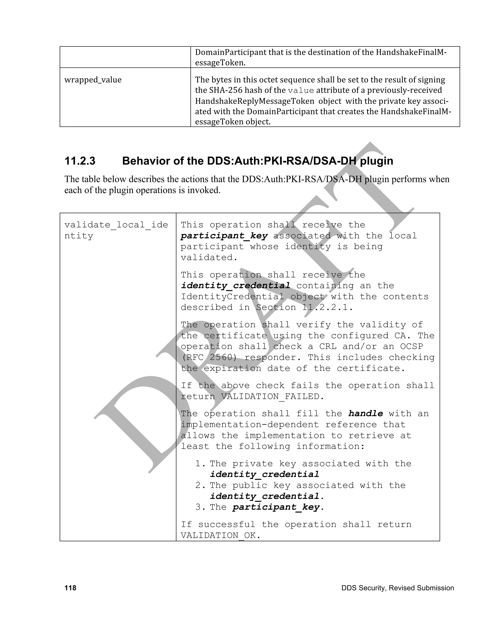 DomainParticipant	
  that	
  is	
  the	
  destination	
  of	
  the	
  HandshakeFinalM-­‐
                              essageToken.
wrapped_value	
               The	
  bytes	
  in	
  this	
  octet	
  sequence	
  shall	
  be	
  set	
  to	
  the	
  result	
  of	
  signing	
  
                              the	
  SHA-­‐256	
  hash	
  of	
  the	
  value	
  attribute	
  of	
  a	
  previously-­‐received	
  
                              HandshakeReplyMessageToken	
  	
  object	
  	
  with	
  the	
  private	
  key	
  associ-­‐
                              ated	
  with	
  the	
  DomainParticipant	
  that	
  creates	
  the	
  HandshakeFinalM-­‐
                              essageToken	
  object.



11.2.3          Behavior of the DDS:Auth:PKI-RSA/DSA-DH plugin
The table below describes the actions that the DDS:Auth:PKI-RSA/DSA-DH plugin performs when
each of the plugin operations is invoked.


validate_local_ide         This operation shall receive the
ntity                      participant_key associated with the local
                           participant whose identity is being
                           validated.
                           This operation shall receive the
                           identity_credential containing an the
                           IdentityCredential object with the contents
                           described in Section 11.2.2.1.
                           The operation shall verify the validity of
                           the certificate using the configured CA. The
                           operation shall check a CRL and/or an OCSP
                           (RFC 2560) responder. This includes checking
                           the expiration date of the certificate.
                           If the above check fails the operation shall
                           return VALIDATION_FAILED.
                           The operation shall fill the handle with an
                           implementation-dependent reference that
                           allows the implementation to retrieve at
                           least the following information:
                              1. The private key associated with the
                                 identity_credential
                              2. The public key associated with the
                                 identity_credential.
                              3. The participant_key.
                           If successful the operation shall return
                           VALIDATION_OK.




118                                                                                           DDS Security, Revised Submission
 