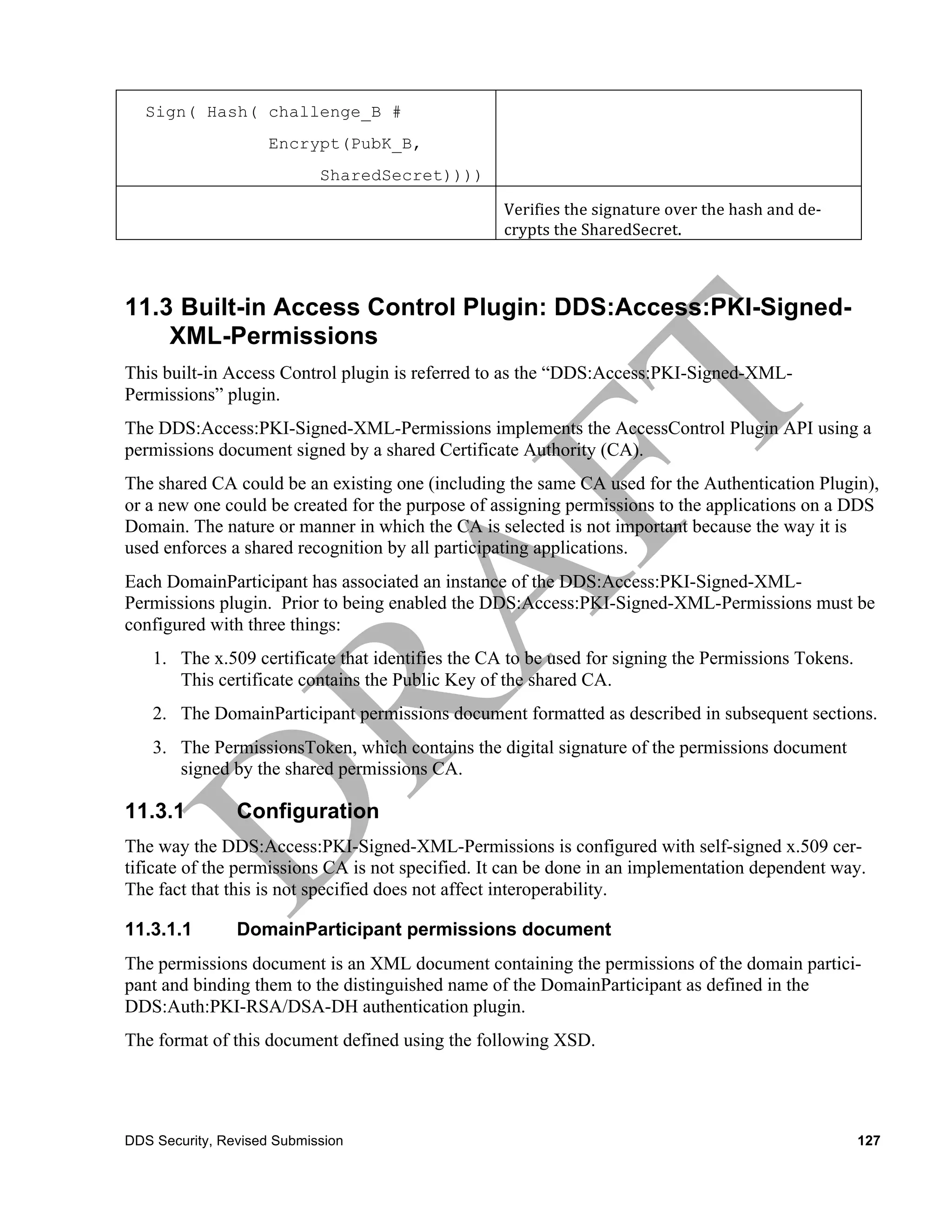 Sign( Hash( challenge_B #
                      Encrypt(PubK_B,
                             SharedSecret))))

	
                                                    Verifies	
  the	
  signature	
  over	
  the	
  hash	
  and	
  de-­‐
                                                      crypts	
  the	
  SharedSecret.



11.3 Built-in Access Control Plugin: DDS:Access:PKI-Signed-
    XML-Permissions
This built-in Access Control plugin is referred to as the “DDS:Access:PKI-Signed-XML-
Permissions” plugin.
The DDS:Access:PKI-Signed-XML-Permissions implements the AccessControl Plugin API using a
permissions document signed by a shared Certificate Authority (CA).
The shared CA could be an existing one (including the same CA used for the Authentication Plugin),
or a new one could be created for the purpose of assigning permissions to the applications on a DDS
Domain. The nature or manner in which the CA is selected is not important because the way it is
used enforces a shared recognition by all participating applications.
Each DomainParticipant has associated an instance of the DDS:Access:PKI-Signed-XML-
Permissions plugin. Prior to being enabled the DDS:Access:PKI-Signed-XML-Permissions must be
configured with three things:
       1. The x.509 certificate that identifies the CA to be used for signing the Permissions Tokens.
          This certificate contains the Public Key of the shared CA.
       2. The DomainParticipant permissions document formatted as described in subsequent sections.
       3. The PermissionsToken, which contains the digital signature of the permissions document
          signed by the shared permissions CA.

11.3.1            Configuration
The way the DDS:Access:PKI-Signed-XML-Permissions is configured with self-signed x.509 cer-
tificate of the permissions CA is not specified. It can be done in an implementation dependent way.
The fact that this is not specified does not affect interoperability.

11.3.1.1          DomainParticipant permissions document
The permissions document is an XML document containing the permissions of the domain partici-
pant and binding them to the distinguished name of the DomainParticipant as defined in the
DDS:Auth:PKI-RSA/DSA-DH authentication plugin.
The format of this document defined using the following XSD.




DDS Security, Revised Submission                                                                                            127
 