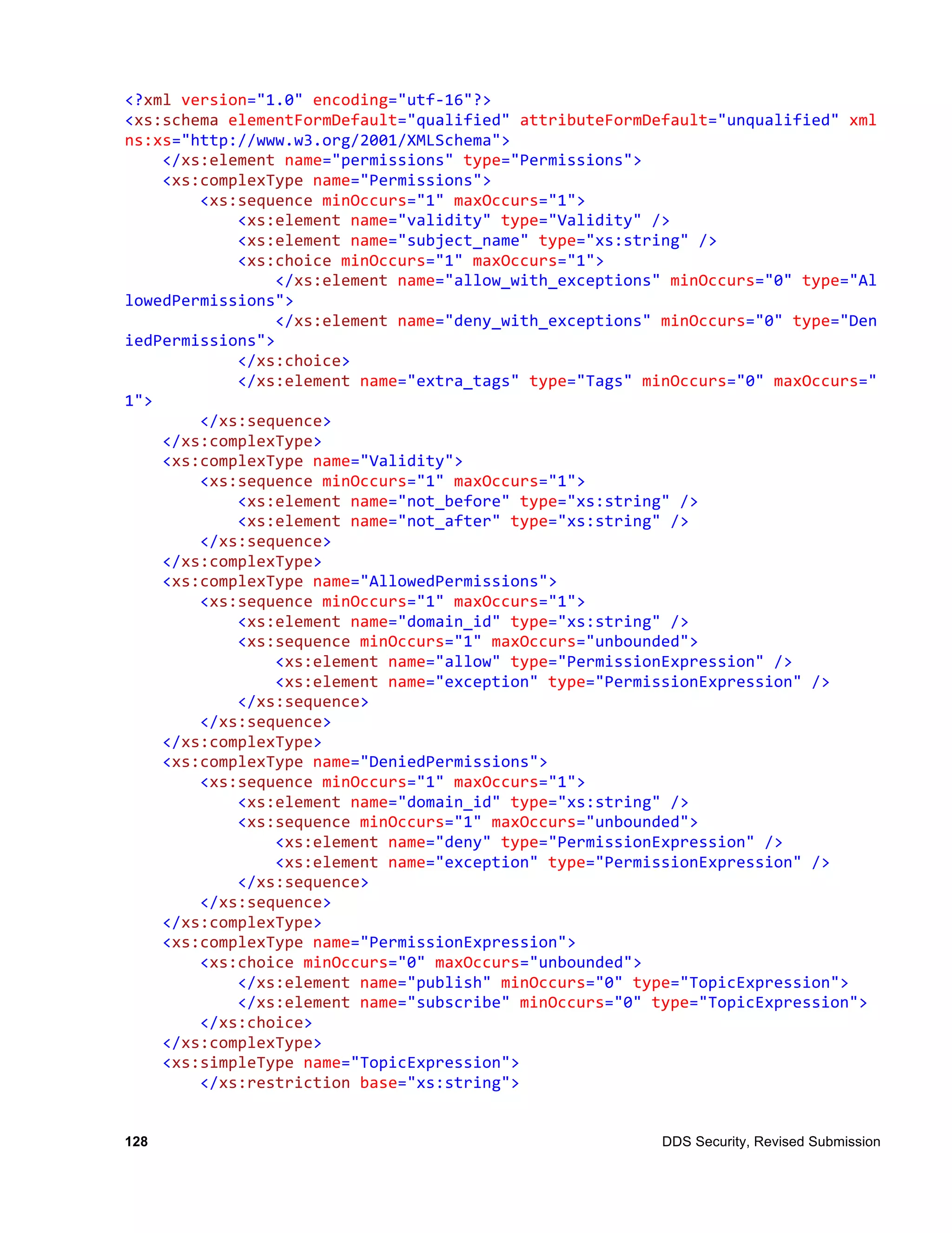 <?xml	
  version="1.0"	
  encoding="utf-­‐16"?>	
  
<xs:schema	
  elementFormDefault="qualified"	
  attributeFormDefault="unqualified"	
  xml
ns:xs="http://www.w3.org/2001/XMLSchema">	
  
	
  	
  	
  	
  </xs:element	
  name="permissions"	
  type="Permissions">	
  
	
  	
  	
  	
  <xs:complexType	
  name="Permissions">	
  
	
  	
  	
  	
  	
  	
  	
  	
  <xs:sequence	
  minOccurs="1"	
  maxOccurs="1">	
  
	
  	
  	
  	
  	
  	
  	
  	
  	
  	
  	
  	
  <xs:element	
  name="validity"	
  type="Validity"	
  />	
  
	
  	
  	
  	
  	
  	
  	
  	
  	
  	
  	
  	
  <xs:element	
  name="subject_name"	
  type="xs:string"	
  />	
  
	
  	
  	
  	
  	
  	
  	
  	
  	
  	
  	
  	
  <xs:choice	
  minOccurs="1"	
  maxOccurs="1">	
  
	
  	
  	
  	
  	
  	
  	
  	
  	
  	
  	
  	
  	
  	
  	
  	
  </xs:element	
  name="allow_with_exceptions"	
  minOccurs="0"	
  type="Al
lowedPermissions">	
  
	
  	
  	
  	
  	
  	
  	
  	
  	
  	
  	
  	
  	
  	
  	
  	
  </xs:element	
  name="deny_with_exceptions"	
  minOccurs="0"	
  type="Den
iedPermissions">	
  
	
  	
  	
  	
  	
  	
  	
  	
  	
  	
  	
  	
  </xs:choice>	
  
	
  	
  	
  	
  	
  	
  	
  	
  	
  	
  	
  	
  </xs:element	
  name="extra_tags"	
  type="Tags"	
  minOccurs="0"	
  maxOccurs="
1">	
  
	
  	
  	
  	
  	
  	
  	
  	
  </xs:sequence>	
  
	
  	
  	
  	
  </xs:complexType>	
  
	
  	
  	
  	
  <xs:complexType	
  name="Validity">	
  
	
  	
  	
  	
  	
  	
  	
  	
  <xs:sequence	
  minOccurs="1"	
  maxOccurs="1">	
  
	
  	
  	
  	
  	
  	
  	
  	
  	
  	
  	
  	
  <xs:element	
  name="not_before"	
  type="xs:string"	
  />	
  
	
  	
  	
  	
  	
  	
  	
  	
  	
  	
  	
  	
  <xs:element	
  name="not_after"	
  type="xs:string"	
  />	
  
	
  	
  	
  	
  	
  	
  	
  	
  </xs:sequence>	
  
	
  	
  	
  	
  </xs:complexType>	
  
	
  	
  	
  	
  <xs:complexType	
  name="AllowedPermissions">	
  
	
  	
  	
  	
  	
  	
  	
  	
  <xs:sequence	
  minOccurs="1"	
  maxOccurs="1">	
  
	
  	
  	
  	
  	
  	
  	
  	
  	
  	
  	
  	
  <xs:element	
  name="domain_id"	
  type="xs:string"	
  />	
  
	
  	
  	
  	
  	
  	
  	
  	
  	
  	
  	
  	
  <xs:sequence	
  minOccurs="1"	
  maxOccurs="unbounded">	
  
	
  	
  	
  	
  	
  	
  	
  	
  	
  	
  	
  	
  	
  	
  	
  	
  <xs:element	
  name="allow"	
  type="PermissionExpression"	
  />	
  
	
  	
  	
  	
  	
  	
  	
  	
  	
  	
  	
  	
  	
  	
  	
  	
  <xs:element	
  name="exception"	
  type="PermissionExpression"	
  />	
  
	
  	
  	
  	
  	
  	
  	
  	
  	
  	
  	
  	
  </xs:sequence>	
  
	
  	
  	
  	
  	
  	
  	
  	
  </xs:sequence>	
  
	
  	
  	
  	
  </xs:complexType>	
  
	
  	
  	
  	
  <xs:complexType	
  name="DeniedPermissions">	
  
	
  	
  	
  	
  	
  	
  	
  	
  <xs:sequence	
  minOccurs="1"	
  maxOccurs="1">	
  
	
  	
  	
  	
  	
  	
  	
  	
  	
  	
  	
  	
  <xs:element	
  name="domain_id"	
  type="xs:string"	
  />	
  
	
  	
  	
  	
  	
  	
  	
  	
  	
  	
  	
  	
  <xs:sequence	
  minOccurs="1"	
  maxOccurs="unbounded">	
  
	
  	
  	
  	
  	
  	
  	
  	
  	
  	
  	
  	
  	
  	
  	
  	
  <xs:element	
  name="deny"	
  type="PermissionExpression"	
  />	
  
	
  	
  	
  	
  	
  	
  	
  	
  	
  	
  	
  	
  	
  	
  	
  	
  <xs:element	
  name="exception"	
  type="PermissionExpression"	
  />	
  
	
  	
  	
  	
  	
  	
  	
  	
  	
  	
  	
  	
  </xs:sequence>	
  
	
  	
  	
  	
  	
  	
  	
  	
  </xs:sequence>	
  
	
  	
  	
  	
  </xs:complexType>	
  
	
  	
  	
  	
  <xs:complexType	
  name="PermissionExpression">	
  
	
  	
  	
  	
  	
  	
  	
  	
  <xs:choice	
  minOccurs="0"	
  maxOccurs="unbounded">	
  
	
  	
  	
  	
  	
  	
  	
  	
  	
  	
  	
  	
  </xs:element	
  name="publish"	
  minOccurs="0"	
  type="TopicExpression">	
  
	
  	
  	
  	
  	
  	
  	
  	
  	
  	
  	
  	
  </xs:element	
  name="subscribe"	
  minOccurs="0"	
  type="TopicExpression">	
  
	
  	
  	
  	
  	
  	
  	
  	
  </xs:choice>	
  
	
  	
  	
  	
  </xs:complexType>	
  
	
  	
  	
  	
  <xs:simpleType	
  name="TopicExpression">	
  
	
  	
  	
  	
  	
  	
  	
  	
  </xs:restriction	
  base="xs:string">	
  


128                                                                                              DDS Security, Revised Submission
 