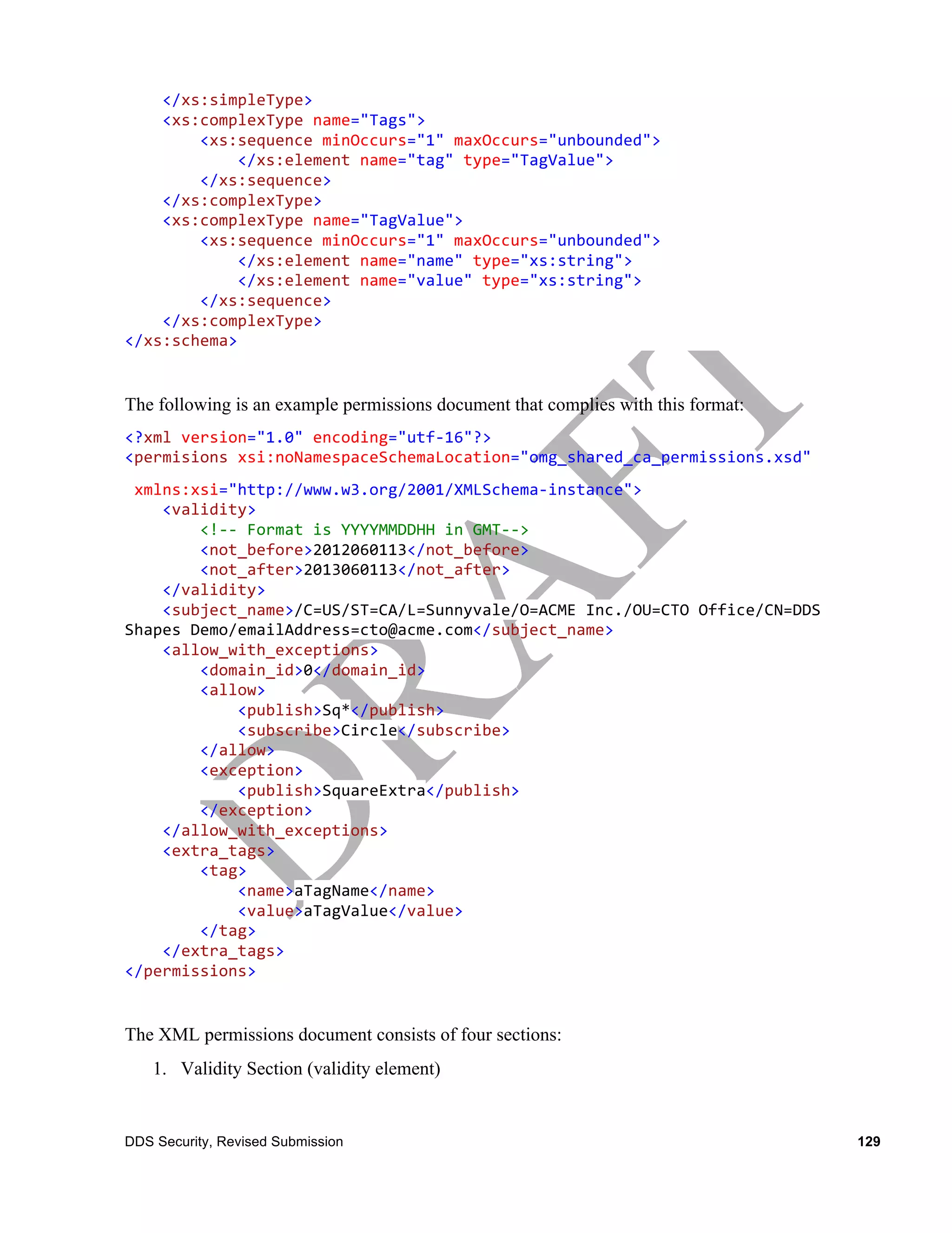 	
  	
  	
  </xs:simpleType>	
  
	
  	
  	
  	
  <xs:complexType	
  name="Tags">	
  
	
  	
  	
  	
  	
  	
  	
  	
  <xs:sequence	
  minOccurs="1"	
  maxOccurs="unbounded">	
  
	
  	
  	
  	
  	
  	
  	
  	
  	
  	
  	
  	
  </xs:element	
  name="tag"	
  type="TagValue">	
  
	
  	
  	
  	
  	
  	
  	
  	
  </xs:sequence>	
  
	
  	
  	
  	
  </xs:complexType>	
  
	
  	
  	
  	
  <xs:complexType	
  name="TagValue">	
  
	
  	
  	
  	
  	
  	
  	
  	
  <xs:sequence	
  minOccurs="1"	
  maxOccurs="unbounded">	
  
	
  	
  	
  	
  	
  	
  	
  	
  	
  	
  	
  	
  </xs:element	
  name="name"	
  type="xs:string">	
  
	
  	
  	
  	
  	
  	
  	
  	
  	
  	
  	
  	
  </xs:element	
  name="value"	
  type="xs:string">	
  
	
  	
  	
  	
  	
  	
  	
  	
  </xs:sequence>	
  
	
  	
  	
  	
  </xs:complexType>	
  
</xs:schema>


The following is an example permissions document that complies with this format:
<?xml	
  version="1.0"	
  encoding="utf-­‐16"?>	
  
<permisions	
  xsi:noNamespaceSchemaLocation="omg_shared_ca_permissions.xsd"	
  	
  
	
  xmlns:xsi="http://www.w3.org/2001/XMLSchema-­‐instance">	
  
	
  	
  	
  	
  <validity>	
  
	
  	
  	
  	
  	
  	
  	
  	
  <!-­‐-­‐	
  Format	
  is	
  YYYYMMDDHH	
  in	
  GMT-­‐-­‐>	
  
	
  	
  	
  	
  	
  	
  	
  	
  <not_before>2012060113</not_before>	
  
	
  	
  	
  	
  	
  	
  	
  	
  <not_after>2013060113</not_after>	
  
	
  	
  	
  	
  </validity>	
  
	
  	
  	
  	
  <subject_name>/C=US/ST=CA/L=Sunnyvale/O=ACME	
  Inc./OU=CTO	
  Office/CN=DDS	
  
Shapes	
  Demo/emailAddress=cto@acme.com</subject_name>	
  
	
  	
  	
  	
  <allow_with_exceptions>	
  
	
  	
  	
  	
  	
  	
  	
  	
  <domain_id>0</domain_id>	
  
	
  	
  	
  	
  	
  	
  	
  	
  <allow>	
  
	
  	
  	
  	
  	
  	
  	
  	
  	
  	
  	
  	
  <publish>Sq*</publish>	
  
	
  	
  	
  	
  	
  	
  	
  	
  	
  	
  	
  	
  <subscribe>Circle</subscribe>	
  
	
  	
  	
  	
  	
  	
  	
  	
  </allow>	
  
	
  	
  	
  	
  	
  	
  	
  	
  <exception>	
  
	
  	
  	
  	
  	
  	
  	
  	
  	
  	
  	
  	
  <publish>SquareExtra</publish>	
  
	
  	
  	
  	
  	
  	
  	
  	
  </exception>	
  
	
  	
  	
  	
  </allow_with_exceptions>	
  
	
  	
  	
  	
  <extra_tags>	
  
	
  	
  	
  	
  	
  	
  	
  	
  <tag>	
  
	
  	
  	
  	
  	
  	
  	
  	
  	
  	
  	
  	
  <name>aTagName</name>	
  
	
  	
  	
  	
  	
  	
  	
  	
  	
  	
  	
  	
  <value>aTagValue</value>	
  
	
  	
  	
  	
  	
  	
  	
  	
  </tag>	
  
	
  	
  	
  	
  </extra_tags>	
  
</permissions>


The XML permissions document consists of four sections:
     1. Validity Section (validity element)


DDS Security, Revised Submission                                                                        129
 