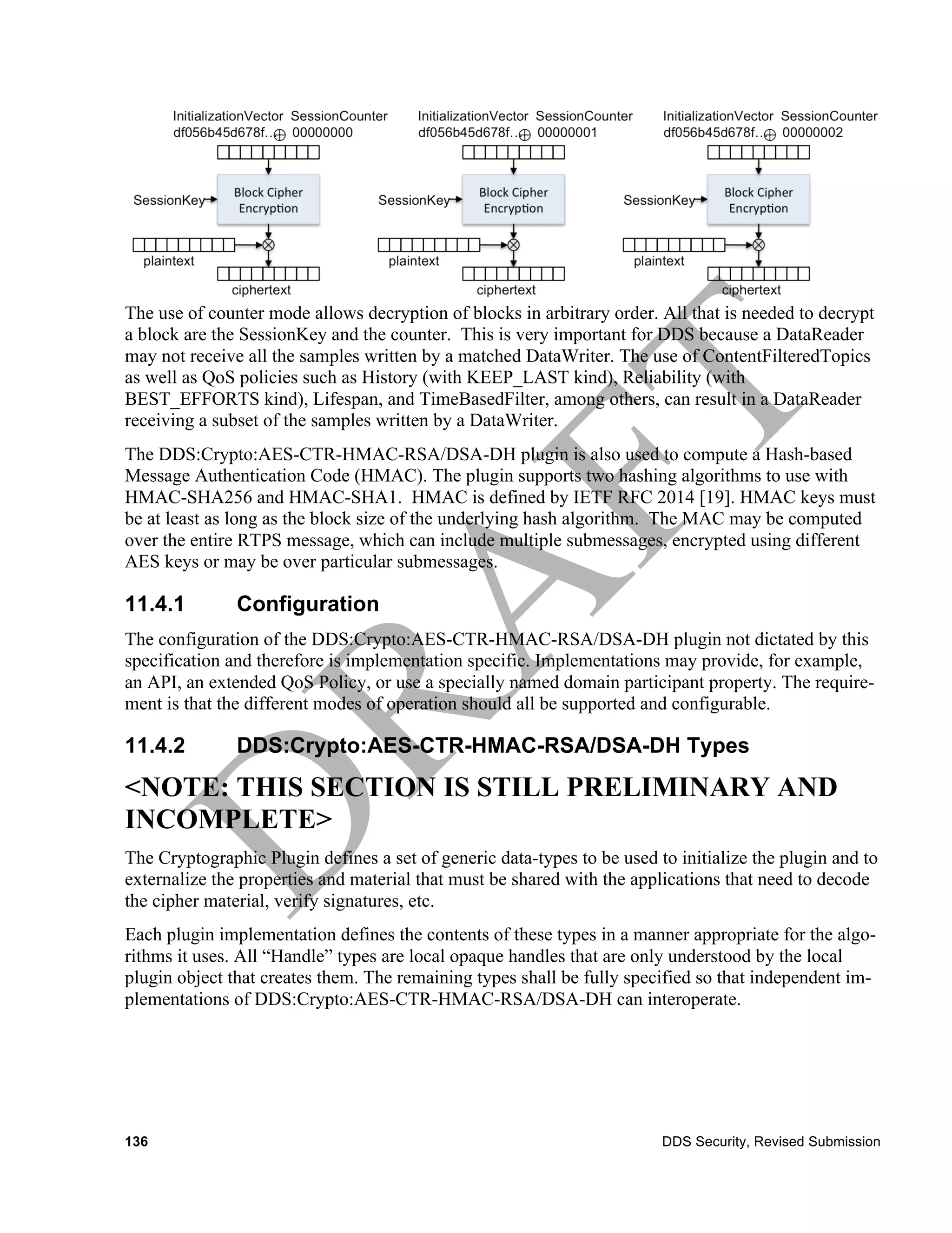 The use of counter mode allows decryption of blocks in arbitrary order. All that is needed to decrypt
a block are the SessionKey and the counter. This is very important for DDS because a DataReader
may not receive all the samples written by a matched DataWriter. The use of ContentFilteredTopics
as well as QoS policies such as History (with KEEP_LAST kind), Reliability (with
BEST_EFFORTS kind), Lifespan, and TimeBasedFilter, among others, can result in a DataReader
receiving a subset of the samples written by a DataWriter.
The DDS:Crypto:AES-CTR-HMAC-RSA/DSA-DH plugin is also used to compute a Hash-based
Message Authentication Code (HMAC). The plugin supports two hashing algorithms to use with
HMAC-SHA256 and HMAC-SHA1. HMAC is defined by IETF RFC 2014 [19]. HMAC keys must
be at least as long as the block size of the underlying hash algorithm. The MAC may be computed
over the entire RTPS message, which can include multiple submessages, encrypted using different
AES keys or may be over particular submessages.

11.4.1         Configuration
The configuration of the DDS:Crypto:AES-CTR-HMAC-RSA/DSA-DH plugin not dictated by this
specification and therefore is implementation specific. Implementations may provide, for example,
an API, an extended QoS Policy, or use a specially named domain participant property. The require-
ment is that the different modes of operation should all be supported and configurable.

11.4.2         DDS:Crypto:AES-CTR-HMAC-RSA/DSA-DH Types
<NOTE: THIS SECTION IS STILL PRELIMINARY AND
INCOMPLETE>
The Cryptographic Plugin defines a set of generic data-types to be used to initialize the plugin and to
externalize the properties and material that must be shared with the applications that need to decode
the cipher material, verify signatures, etc.
Each plugin implementation defines the contents of these types in a manner appropriate for the algo-
rithms it uses. All “Handle” types are local opaque handles that are only understood by the local
plugin object that creates them. The remaining types shall be fully specified so that independent im-
plementations of DDS:Crypto:AES-CTR-HMAC-RSA/DSA-DH can interoperate.




136                                                                      DDS Security, Revised Submission
 