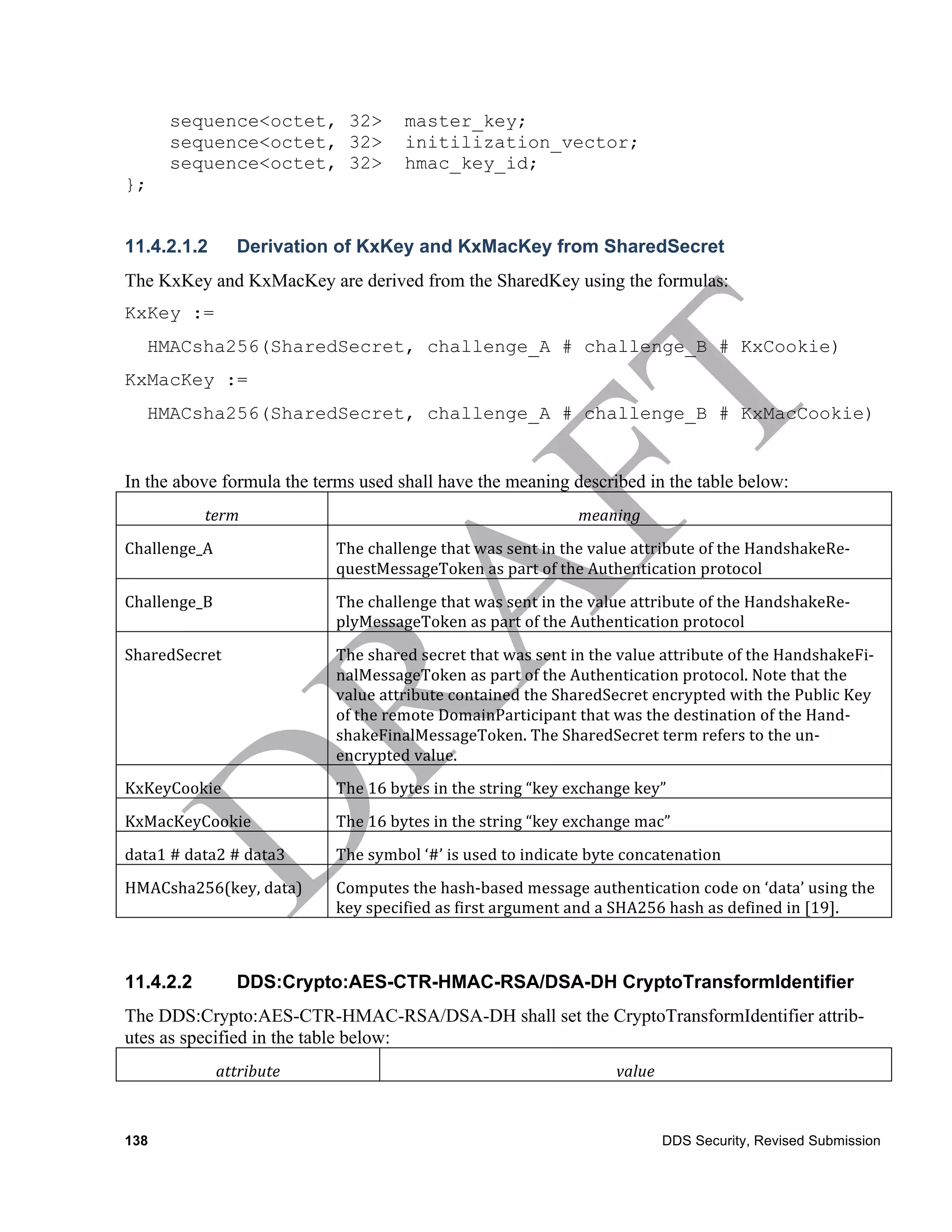 sequence<octet, 32>                         master_key;
          sequence<octet, 32>                         initilization_vector;
          sequence<octet, 32>                         hmac_key_id;
};


11.4.2.1.2               Derivation of KxKey and KxMacKey from SharedSecret
The KxKey and KxMacKey are derived from the SharedKey using the formulas:
KxKey :=
     HMACsha256(SharedSecret, challenge_A # challenge_B # KxCookie)
KxMacKey :=
     HMACsha256(SharedSecret, challenge_A # challenge_B # KxMacCookie)


In the above formula the terms used shall have the meaning described in the table below:
                  term	
                                                                  meaning	
  
Challenge_A	
                           The	
  challenge	
  that	
  was	
  sent	
  in	
  the	
  value	
  attribute	
  of	
  the	
  HandshakeRe-­‐
                                        questMessageToken	
  as	
  part	
  of	
  the	
  Authentication	
  protocol
Challenge_B	
                           The	
  challenge	
  that	
  was	
  sent	
  in	
  the	
  value	
  attribute	
  of	
  the	
  HandshakeRe-­‐
                                        plyMessageToken	
  as	
  part	
  of	
  the	
  Authentication	
  protocol
SharedSecret	
                          The	
  shared	
  secret	
  that	
  was	
  sent	
  in	
  the	
  value	
  attribute	
  of	
  the	
  HandshakeFi-­‐
                                        nalMessageToken	
  as	
  part	
  of	
  the	
  Authentication	
  protocol.	
  Note	
  that	
  the	
  
                                        value	
  attribute	
  contained	
  the	
  SharedSecret	
  encrypted	
  with	
  the	
  Public	
  Key	
  
                                        of	
  the	
  remote	
  DomainParticipant	
  that	
  was	
  the	
  destination	
  of	
  the	
  Hand-­‐
                                        shakeFinalMessageToken.	
  The	
  SharedSecret	
  term	
  refers	
  to	
  the	
  un-­‐
                                        encrypted	
  value.
KxKeyCookie	
                           The	
  16	
  bytes	
  in	
  the	
  string	
  “key	
  exchange	
  key”
KxMacKeyCookie	
                        The	
  16	
  bytes	
  in	
  the	
  string	
  “key	
  exchange	
  mac”
data1	
  #	
  data2	
  #	
  data3	
     The	
  symbol	
  ‘#’	
  is	
  used	
  to	
  indicate	
  byte	
  concatenation	
  
HMACsha256(key,	
  data)                Computes	
  the	
  hash-­‐based	
  message	
  authentication	
  code	
  on	
  ‘data’	
  using	
  the	
  
                                        key	
  specified	
  as	
  first	
  argument	
  and	
  a	
  SHA256	
  hash	
  as	
  defined	
  in	
  [19].



11.4.2.2                 DDS:Crypto:AES-CTR-HMAC-RSA/DSA-DH CryptoTransformIdentifier
The DDS:Crypto:AES-CTR-HMAC-RSA/DSA-DH shall set the CryptoTransformIdentifier attrib-
utes as specified in the table below:
                    attribute	
                                                                   value	
  



138                                                                                                           DDS Security, Revised Submission
 