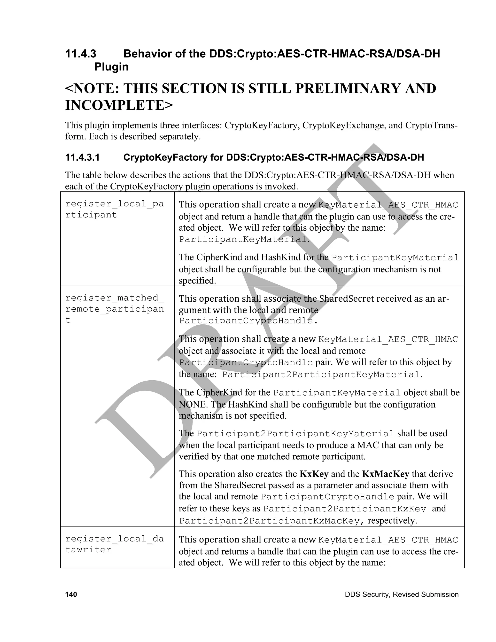 11.4.3     Behavior of the DDS:Crypto:AES-CTR-HMAC-RSA/DSA-DH
      Plugin
<NOTE: THIS SECTION IS STILL PRELIMINARY AND
INCOMPLETE>
This plugin implements three interfaces: CryptoKeyFactory, CryptoKeyExchange, and CryptoTrans-
form. Each is described separately.

11.4.3.1     CryptoKeyFactory for DDS:Crypto:AES-CTR-HMAC-RSA/DSA-DH
The table below describes the actions that the DDS:Crypto:AES-CTR-HMAC-RSA/DSA-DH when
each of the CryptoKeyFactory plugin operations is invoked.
register_local_pa          This	
  operation	
  shall	
  create	
  a	
  new	
  KeyMaterial_AES_CTR_HMAC
rticipant                  object and return a handle that can the plugin can use to access the cre-
                           ated object. We will refer to this object by the name:
                           ParticipantKeyMaterial.
                           The CipherKind and HashKind for the ParticipantKeyMaterial
                           object shall be configurable but the configuration mechanism is not
                           specified.	
  
register_matched_          This	
  operation	
  shall	
  associate	
  the	
  SharedSecret	
  received	
  as	
  an	
  ar-­‐
remote_participan          gument	
  with	
  the	
  local	
  and	
  remote	
  
t                          ParticipantCryptoHandle.
                           This	
  operation	
  shall	
  create	
  a	
  new	
  KeyMaterial_AES_CTR_HMAC
                           object and associate it with the local and remote
                           ParticipantCryptoHandle pair. We will refer to this object by
                           the name: Participant2ParticipantKeyMaterial.
                           The CipherKind for the ParticipantKeyMaterial object shall be
                           NONE. The HashKind shall be configurable but the configuration
                           mechanism is not specified.
                           The Participant2ParticipantKeyMaterial shall be used
                           when the local participant needs to produce a MAC that can only be
                           verified by that one matched remote participant.
                           This operation also creates the KxKey and the KxMacKey that derive
                           from the SharedSecret passed as a parameter and associate them with
                           the local and remote ParticipantCryptoHandle pair. We will
                           refer to these keys as Participant2ParticipantKxKey and
                           Participant2ParticipantKxMacKey, respectively.
register_local_da          This	
  operation	
  shall	
  create	
  a	
  new	
  KeyMaterial_AES_CTR_HMAC
tawriter                   object and returns a handle that can the plugin can use to access the cre-
                           ated object. We will refer to this object by the name:


140                                                                                  DDS Security, Revised Submission
 