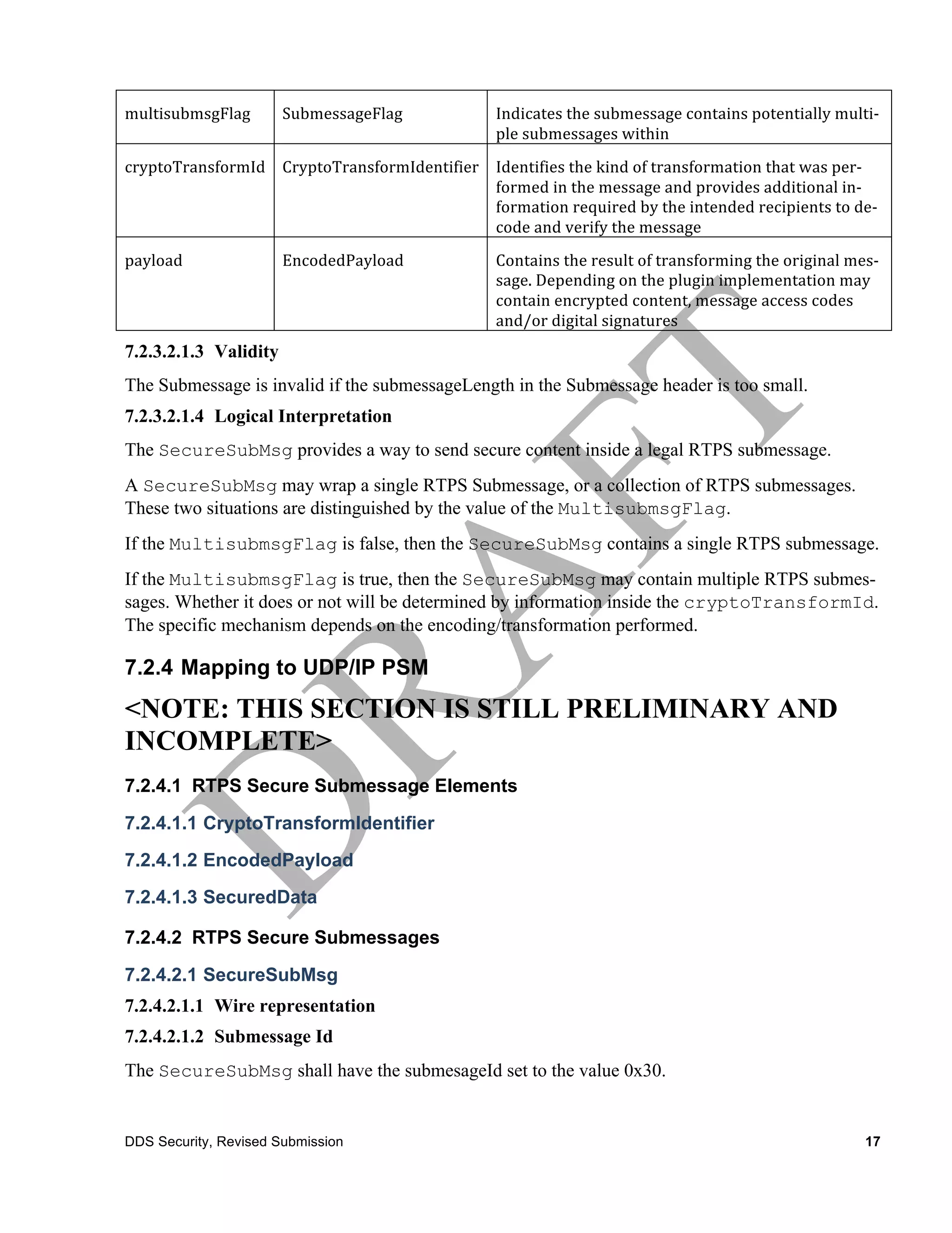 multisubmsgFlag	
         SubmessageFlag	
                    Indicates	
  the	
  submessage	
  contains	
  potentially	
  multi-­‐
                                                              ple	
  submessages	
  within
cryptoTransformId	
   CryptoTransformIdentifier	
   Identifies	
  the	
  kind	
  of	
  transformation	
  that	
  was	
  per-­‐
                                                    formed	
  in	
  the	
  message	
  and	
  provides	
  additional	
  in-­‐
                                                    formation	
  required	
  by	
  the	
  intended	
  recipients	
  to	
  de-­‐
                                                    code	
  and	
  verify	
  the	
  message
payload	
                 EncodedPayload	
                    Contains	
  the	
  result	
  of	
  transforming	
  the	
  original	
  mes-­‐
                                                              sage.	
  Depending	
  on	
  the	
  plugin	
  implementation	
  may	
  
                                                              contain	
  encrypted	
  content,	
  message	
  access	
  codes	
  
                                                              and/or	
  digital	
  signatures
7.2.3.2.1.3 Validity
The Submessage is invalid if the submessageLength in the Submessage header is too small.
7.2.3.2.1.4 Logical Interpretation
The SecureSubMsg provides a way to send secure content inside a legal RTPS submessage.
A SecureSubMsg may wrap a single RTPS Submessage, or a collection of RTPS submessages.
These two situations are distinguished by the value of the MultisubmsgFlag.
If the MultisubmsgFlag is false, then the SecureSubMsg contains a single RTPS submessage.
If the MultisubmsgFlag is true, then the SecureSubMsg may contain multiple RTPS submes-
sages. Whether it does or not will be determined by information inside the cryptoTransformId.
The specific mechanism depends on the encoding/transformation performed.

7.2.4 Mapping to UDP/IP PSM
<NOTE: THIS SECTION IS STILL PRELIMINARY AND
INCOMPLETE>
7.2.4.1 RTPS Secure Submessage Elements

7.2.4.1.1 CryptoTransformIdentifier
7.2.4.1.2 EncodedPayload
7.2.4.1.3 SecuredData

7.2.4.2 RTPS Secure Submessages
7.2.4.2.1 SecureSubMsg
7.2.4.2.1.1 Wire representation
7.2.4.2.1.2 Submessage Id
The SecureSubMsg shall have the submesageId set to the value 0x30.


DDS Security, Revised Submission                                                                                                       17
 