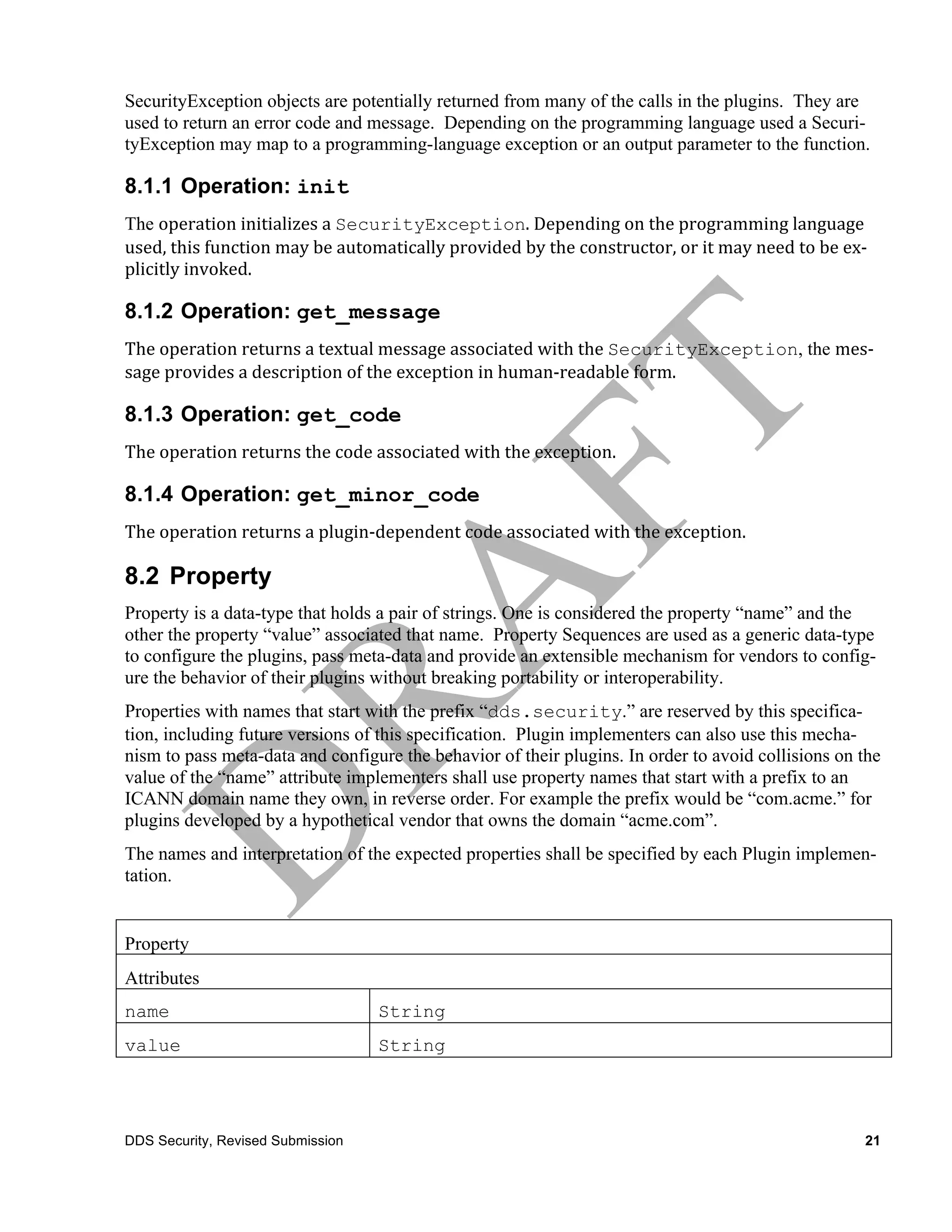 SecurityException objects are potentially returned from many of the calls in the plugins. They are
used to return an error code and message. Depending on the programming language used a Securi-
tyException may map to a programming-language exception or an output parameter to the function.

8.1.1 Operation: init
The operation	
  initializes	
  a	
  SecurityException.	
  Depending	
  on	
  the	
  programming	
  language	
  
used,	
  this	
  function	
  may	
  be	
  automatically	
  provided	
  by	
  the	
  constructor,	
  or	
  it	
  may	
  need	
  to	
  be	
  ex-­‐
plicitly	
  invoked.	
  

8.1.2 Operation: get_message
The	
  operation	
  returns	
  a	
  textual	
  message	
  associated	
  with	
  the	
  SecurityException, the mes-­‐
sage	
  provides	
  a	
  description	
  of	
  the	
  exception	
  in	
  human-­‐readable	
  form.	
  

8.1.3 Operation: get_code
The	
  operation	
  returns	
  the	
  code	
  associated	
  with	
  the	
  exception.	
  

8.1.4 Operation: get_minor_code
The	
  operation	
  returns	
  a	
  plugin-­‐dependent	
  code	
  associated	
  with	
  the	
  exception.

8.2 Property
Property is a data-type that holds a pair of strings. One is considered the property “name” and the
other the property “value” associated that name. Property Sequences are used as a generic data-type
to configure the plugins, pass meta-data and provide an extensible mechanism for vendors to config-
ure the behavior of their plugins without breaking portability or interoperability.
Properties with names that start with the prefix “dds.security.” are reserved by this specifica-
tion, including future versions of this specification. Plugin implementers can also use this mecha-
nism to pass meta-data and configure the behavior of their plugins. In order to avoid collisions on the
value of the “name” attribute implementers shall use property names that start with a prefix to an
ICANN domain name they own, in reverse order. For example the prefix would be “com.acme.” for
plugins developed by a hypothetical vendor that owns the domain “acme.com”.
The names and interpretation of the expected properties shall be specified by each Plugin implemen-
tation.


Property
Attributes
name                                             String
value                                            String




DDS Security, Revised Submission                                                                                                               21
 