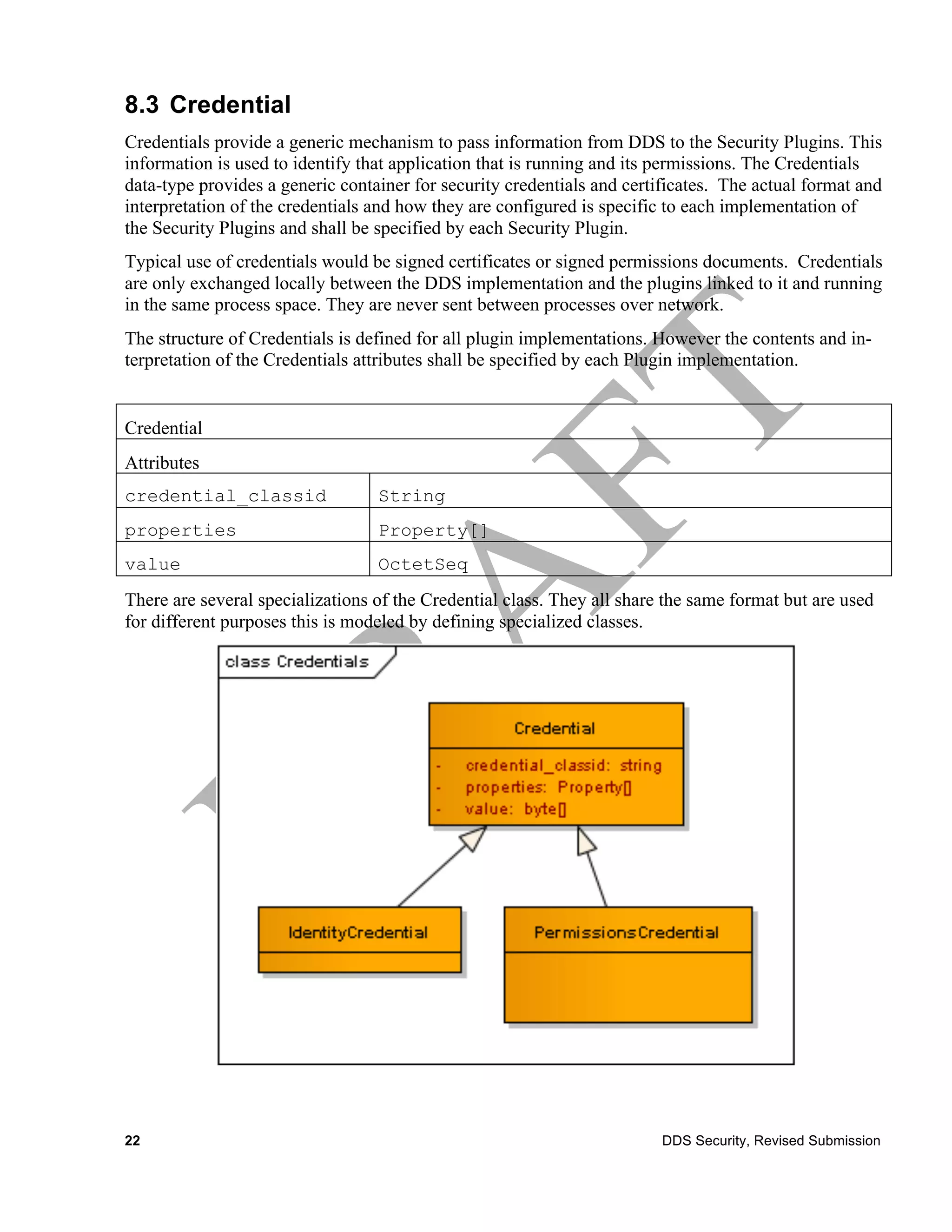 8.3 Credential
Credentials provide a generic mechanism to pass information from DDS to the Security Plugins. This
information is used to identify that application that is running and its permissions. The Credentials
data-type provides a generic container for security credentials and certificates. The actual format and
interpretation of the credentials and how they are configured is specific to each implementation of
the Security Plugins and shall be specified by each Security Plugin.
Typical use of credentials would be signed certificates or signed permissions documents. Credentials
are only exchanged locally between the DDS implementation and the plugins linked to it and running
in the same process space. They are never sent between processes over network.
The structure of Credentials is defined for all plugin implementations. However the contents and in-
terpretation of the Credentials attributes shall be specified by each Plugin implementation.


Credential
Attributes
credential_classid                String
properties                        Property[]
value                             OctetSeq
There are several specializations of the Credential class. They all share the same format but are used
for different purposes this is modeled by defining specialized classes.




22                                                                       DDS Security, Revised Submission
 