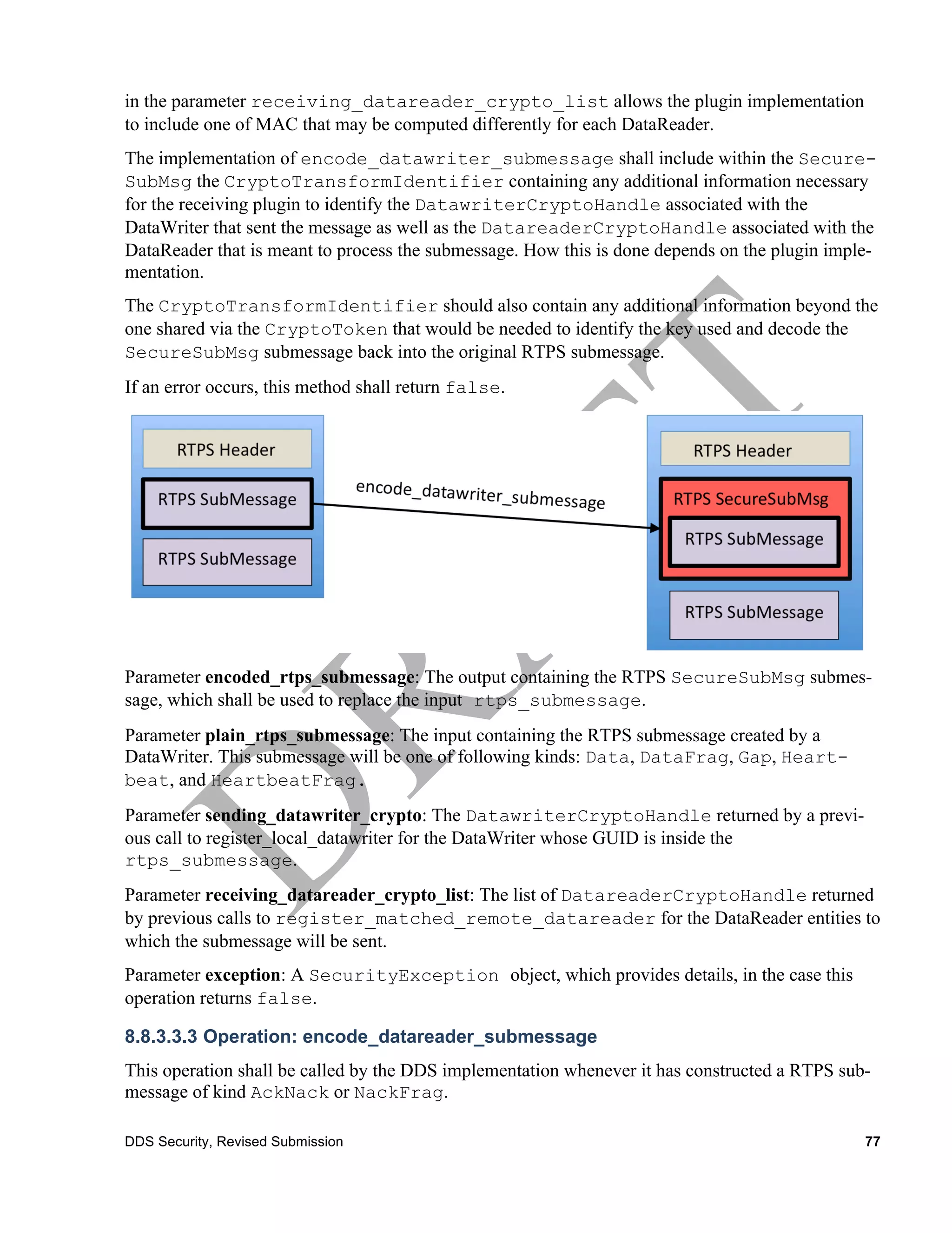 in the parameter receiving_datareader_crypto_list allows the plugin implementation
to include one of MAC that may be computed differently for each DataReader.
The implementation of encode_datawriter_submessage shall include within the Secure-
SubMsg the CryptoTransformIdentifier containing any additional information necessary
for the receiving plugin to identify the DatawriterCryptoHandle associated with the
DataWriter that sent the message as well as the DatareaderCryptoHandle associated with the
DataReader that is meant to process the submessage. How this is done depends on the plugin imple-
mentation.
The CryptoTransformIdentifier should also contain any additional information beyond the
one shared via the CryptoToken that would be needed to identify the key used and decode the
SecureSubMsg submessage back into the original RTPS submessage.
If an error occurs, this method shall return false.




Parameter encoded_rtps_submessage: The output containing the RTPS SecureSubMsg submes-
sage, which shall be used to replace the input rtps_submessage.
Parameter plain_rtps_submessage: The input containing the RTPS submessage created by a
DataWriter. This submessage will be one of following kinds: Data, DataFrag, Gap, Heart-
beat, and HeartbeatFrag.
Parameter sending_datawriter_crypto: The DatawriterCryptoHandle returned by a previ-
ous call to register_local_datawriter for the DataWriter whose GUID is inside the
rtps_submessage.
Parameter receiving_datareader_crypto_list: The list of DatareaderCryptoHandle returned
by previous calls to register_matched_remote_datareader for the DataReader entities to
which the submessage will be sent.
Parameter exception: A SecurityException object, which provides details, in the case this
operation returns false.

8.8.3.3.3 Operation: encode_datareader_submessage
This operation shall be called by the DDS implementation whenever it has constructed a RTPS sub-
message of kind AckNack or NackFrag.

DDS Security, Revised Submission                                                               77
 