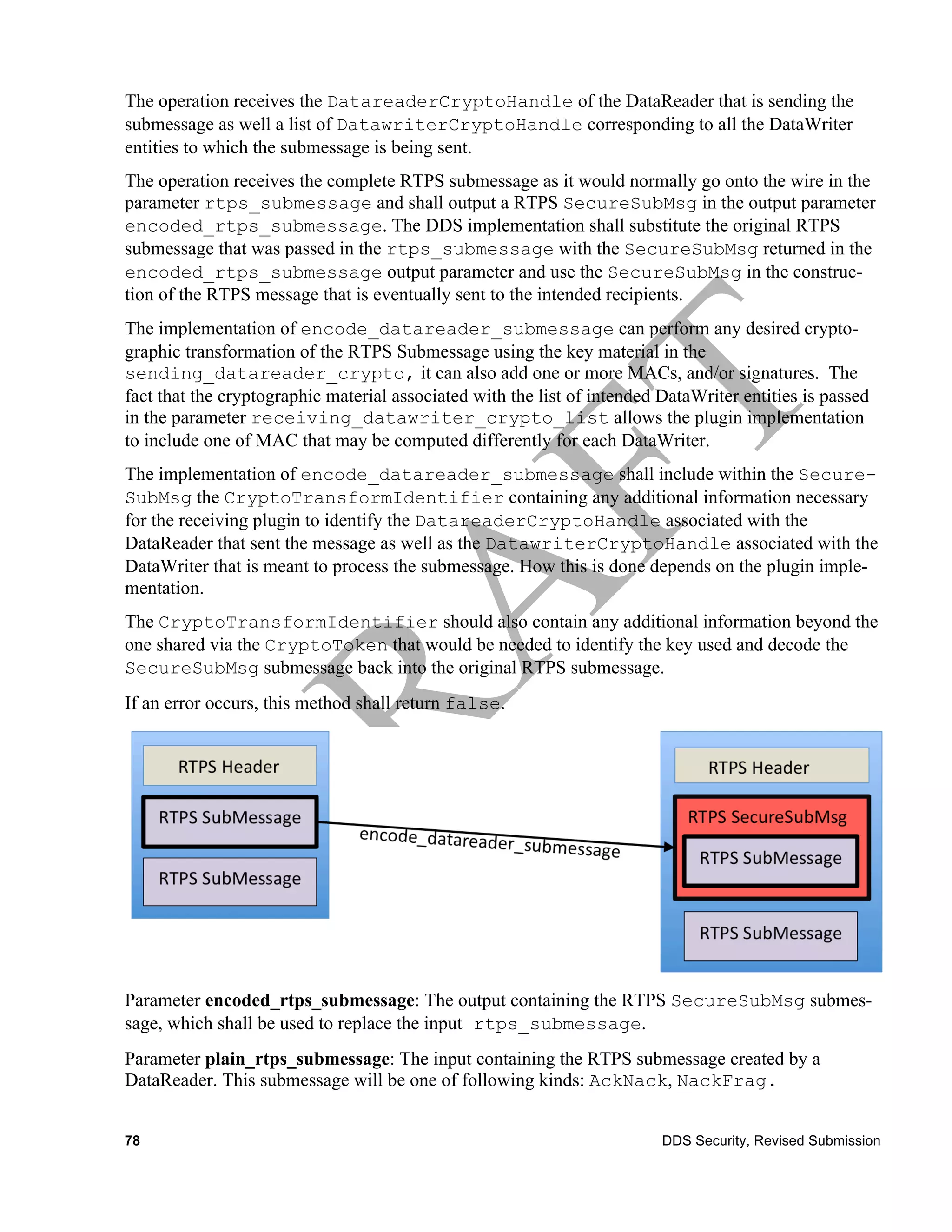 The operation receives the DatareaderCryptoHandle of the DataReader that is sending the
submessage as well a list of DatawriterCryptoHandle corresponding to all the DataWriter
entities to which the submessage is being sent.
The operation receives the complete RTPS submessage as it would normally go onto the wire in the
parameter rtps_submessage and shall output a RTPS SecureSubMsg in the output parameter
encoded_rtps_submessage. The DDS implementation shall substitute the original RTPS
submessage that was passed in the rtps_submessage with the SecureSubMsg returned in the
encoded_rtps_submessage output parameter and use the SecureSubMsg in the construc-
tion of the RTPS message that is eventually sent to the intended recipients.
The implementation of encode_datareader_submessage can perform any desired crypto-
graphic transformation of the RTPS Submessage using the key material in the
sending_datareader_crypto, it can also add one or more MACs, and/or signatures. The
fact that the cryptographic material associated with the list of intended DataWriter entities is passed
in the parameter receiving_datawriter_crypto_list allows the plugin implementation
to include one of MAC that may be computed differently for each DataWriter.
The implementation of encode_datareader_submessage shall include within the Secure-
SubMsg the CryptoTransformIdentifier containing any additional information necessary
for the receiving plugin to identify the DatareaderCryptoHandle associated with the
DataReader that sent the message as well as the DatawriterCryptoHandle associated with the
DataWriter that is meant to process the submessage. How this is done depends on the plugin imple-
mentation.
The CryptoTransformIdentifier should also contain any additional information beyond the
one shared via the CryptoToken that would be needed to identify the key used and decode the
SecureSubMsg submessage back into the original RTPS submessage.
If an error occurs, this method shall return false.




Parameter encoded_rtps_submessage: The output containing the RTPS SecureSubMsg submes-
sage, which shall be used to replace the input rtps_submessage.
Parameter plain_rtps_submessage: The input containing the RTPS submessage created by a
DataReader. This submessage will be one of following kinds: AckNack, NackFrag.


78                                                                        DDS Security, Revised Submission
 