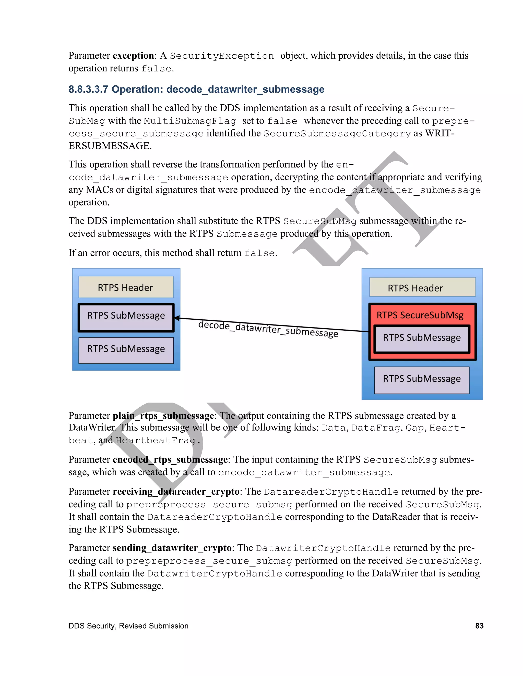 Parameter exception: A SecurityException object, which provides details, in the case this
operation returns false.

8.8.3.3.7 Operation: decode_datawriter_submessage
This operation shall be called by the DDS implementation as a result of receiving a Secure-
SubMsg with the MultiSubmsgFlag set to false whenever the preceding call to prepre-
cess_secure_submessage identified the SecureSubmessageCategory as WRIT-
ERSUBMESSAGE.
This operation shall reverse the transformation performed by the en-
code_datawriter_submessage operation, decrypting the content if appropriate and verifying
any MACs or digital signatures that were produced by the encode_datawriter_submessage
operation.
The DDS implementation shall substitute the RTPS SecureSubMsg submessage within the re-
ceived submessages with the RTPS Submessage produced by this operation.
If an error occurs, this method shall return false.




Parameter plain_rtps_submessage: The output containing the RTPS submessage created by a
DataWriter. This submessage will be one of following kinds: Data, DataFrag, Gap, Heart-
beat, and HeartbeatFrag.
Parameter encoded_rtps_submessage: The input containing the RTPS SecureSubMsg submes-
sage, which was created by a call to encode_datawriter_submessage.
Parameter receiving_datareader_crypto: The DatareaderCryptoHandle returned by the pre-
ceding call to prepreprocess_secure_submsg performed on the received SecureSubMsg.
It shall contain the DatareaderCryptoHandle corresponding to the DataReader that is receiv-
ing the RTPS Submessage.
Parameter sending_datawriter_crypto: The DatawriterCryptoHandle returned by the pre-
ceding call to prepreprocess_secure_submsg performed on the received SecureSubMsg.
It shall contain the DatawriterCryptoHandle corresponding to the DataWriter that is sending
the RTPS Submessage.


DDS Security, Revised Submission                                                              83
 