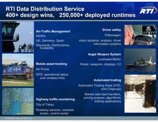 RTI Data Distribution Service
400+ design wins, 250,000+ deployed runtimes

                                              ...