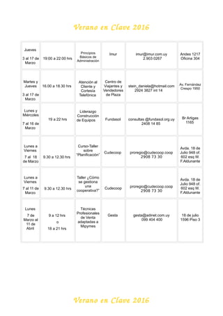 Verano en Clave 2016
Jueves
3 al 17 de
Marzo
19:00 a 22:00 hrs
Principios
Básicos de
Administración
Imur imur@imur.com.uy
2.903 0267
Andes 1217
Oficina 304
Martes y
Jueves
3 al 17 de
Marzo
16.00 a 18.30 hrs
Atención al
Cliente y
Cortesía
Telefónica
Centro de
Viajantes y
Vendedores
de Plaza
stein_daniela@hotmail.com
2924 3827 int 14
Av. Fernández
Crespo 1950
Lunes y
Miércoles
7 al 16 de
Marzo
19 a 22 hrs
Liderazgo
Construcción
de Equipos Fundasol consultas @fundasol.org.uy
2408 14 85
Br Artigas
1165
Lunes a
Viernes
7 al 18
de Marzo
9.30 a 12.30 hrs
Curso-Taller
sobre
“Planificación”
Cudecoop proregio@cudecoop.coop
2908 73 30
Avda. 18 de
Julio 948 of.
602 esq W.
F.Aldunante
Lunes a
Viernes
7 al 11 de
Marzo
9.30 a 12.30 hrs
Taller ¿Cómo
se gestiona
una
cooperativa?”
Cudecoop proregio@cudecoop.coop
2908 73 30
Avda. 18 de
Julio 948 of.
602 esq W.
F.Aldunante
Lunes
7 de
Marzo al
11 de
Abril
9 a 12 hrs
o
18 a 21 hrs
Técnicas
Profesionales
de Venta
adaptadas a
Mipymes
Gesta gesta@adinet.com.uy
099 404 400
18 de julio
1596 Piso 3
Verano en Clave 2016
 