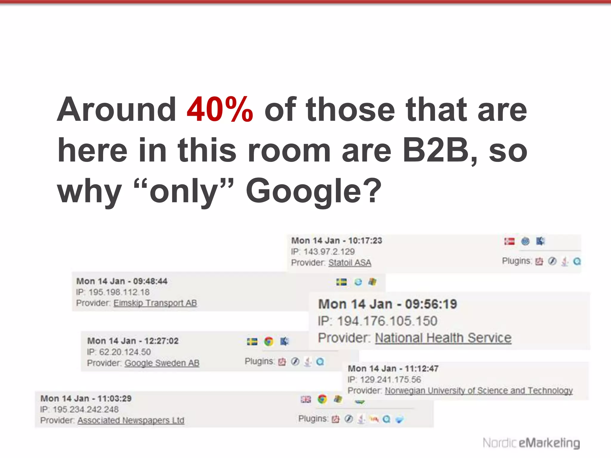 Around 40% of those that are
here in this room are B2B, so
why “only” Google?
 