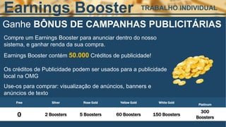 Ganhe BÔNUS DE CAMPANHAS PUBLICITÁRIAS
Compre um Earnings Booster para anunciar dentro do nosso
sistema, e ganhar renda da sua compra.
Earnings Booster contém 50.000 Créditos de publicidade!
Os créditos de Publicidade podem ser usados para a publicidade
local na OMG
Use-os para comprar: visualização de anúncios, banners e
anúncios de texto
Free Silver Rose Gold Yellow Gold White Gold
Platinum
0 2 Boosters 5 Boosters 60 Boosters 150 Boosters
300
Boosters
Earnings Booster TRABALHO INDIVIDUAL
 