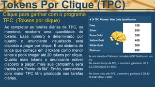Clique para ganhar com o programa
TPC (Tokens por clique)
Ao completar as tarefas diárias de TPC, os
membros recebem uma quantidade de
tokens. Esse número é determinado por
quanto o anunciante visualizado está
disposto a pagar por clique. É um sistema de
lance que começa em 3 tokens como menor
lance e pode chegar até 20 tokens por clique.
Quanto mais tokens o anunciante estiver
disposto a pagar, mais sua campanha será
trazida pra “frente da fila”. Então, campanhas
com maior TPC têm prioridade nas tarefas
diárias.
Tokens Por Clique (TPC)
# Of TPC Allowed After Daily Qualification
Free 100
Silver 200
Rose Gold 300
Yellow Gold 400
White Gold 500
Platinum 600
Se um membro Platinum completa 600 Tarefas em um
dia
No menor lance de TPC, o membro ganharia US $
3,12 (0,005205 $ x 600).
No lance mais alto TPC, o membro ganharia $ 20,82
(0,0347 dólar x 600)
 