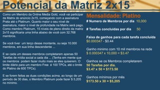 Mensalidade: Platino
# Numero de Membros por dia 10,000
# Tarefas concluidas por dia 50
Faixa de ganhos para cada tarefa concluída
$0.000347 - $0.44
Ganho minimo com 10 mil membros na rede
$ 0.000347 x 10,000 = $3.47
Ganhos se os Membros completarem
50 Tarefas por dia.
$3.47 x 50 = $173.50
Ganhos mínimos por mês
$173.50 x 30 = $5,205
Potencial da Matriz 2x15
Como um Membro da Online Media Gold, você vai participar
da Matrix do anúncio 2x15, começando com a assinatura
Prata até o Platinum. Quanto maior o seu nível de
assinatura, maior o nivel de profundade na Matrix será pago.
Como membro Platinum, 15 níveis de pleno direito da matriz
2x15 significaria uma linha abaixo de você com 32.768
membros.
Se você tiver um terço desse montante, ou seja 10.000
membros, em sua linha descendente ...
E se cada um desses membros completarem apenas 50
Tarefas de mídia social a cada dia ... (Tenha em mente que
os membros podem fazer muito mais se eles quiserem. O
limite diário para um membro Free é 100 TPCs, até o limite
do Platino de 600 TPCs).
E se forem feitas as duas condições acima, ao longo de um
período de 30 dias, o Membro Platinum pode fazer $ 5,205
no mínimo.
 