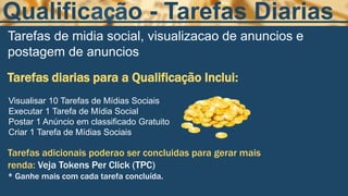 Tarefas de midia social, visualizacao de anuncios e
postagem de anuncios
Tarefas diarias para a Qualificação Inclui:
Qualificação - Tarefas Diarias
Tarefas adicionais poderao ser concluidas para gerar mais
renda: Veja Tokens Per Click (TPC)
* Ganhe mais com cada tarefa concluída.
Visualisar 10 Tarefas de Mídias Sociais
Executar 1 Tarefa de Mídia Social
Postar 1 Anúncio em classificado Gratuito
Criar 1 Tarefa de Mídias Sociais
 