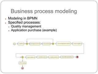 System architecture
   Implementation of the services, which provide
   the specified functionalities

                        Quality manager
   Customer services                        Developer services
                           services

                       REST Service layer

                         Business layer


                         Database layer




                           Database
 