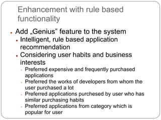Implementation: code generation
●   Technology: Xtend
●   Input: the specified system model
●   Generates the following from the system
    model:
    ●   Annotated JPA entity classes
    ●   Annotated REST interfaces of business services
    ●   Stubs for business logic with dependencies
●   The generated code is runnable on OSGi
    platform
●   For more: check OMGi Tools
 