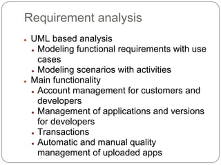 Model based developement process

Requirement analysis &
                           Use case          Architectural
  business process
                            model               design
       modeling




       Business            Generative        Domain specific
    process model        implementation    language & model




                         Enhancement
                         with rule based
                          functionality
 