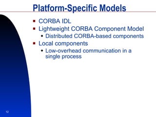 Platform-Specific Models CORBA IDL Lightweight CORBA Component Model Distributed CORBA-based components Local components Low-overhead communication in a single process 