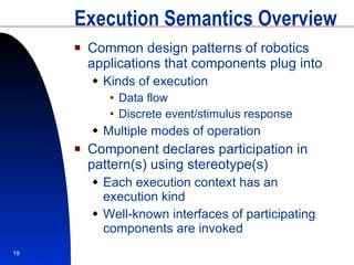 Execution Semantics Overview Common design patterns of robotics applications that components plug into Kinds of execution Data flow Discrete event/stimulus response Multiple modes of operation Component declares participation in pattern(s) using stereotype(s) Each execution context has an execution kind Well-known interfaces of participating components are invoked 