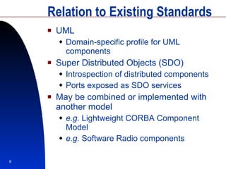 Relation to Existing Standards UML Domain-specific profile for UML components Super Distributed Objects (SDO) Introspection of distributed components Ports exposed as SDO services May be combined or implemented with another model e.g.  Lightweight CORBA Component Model e.g.  Software Radio components 