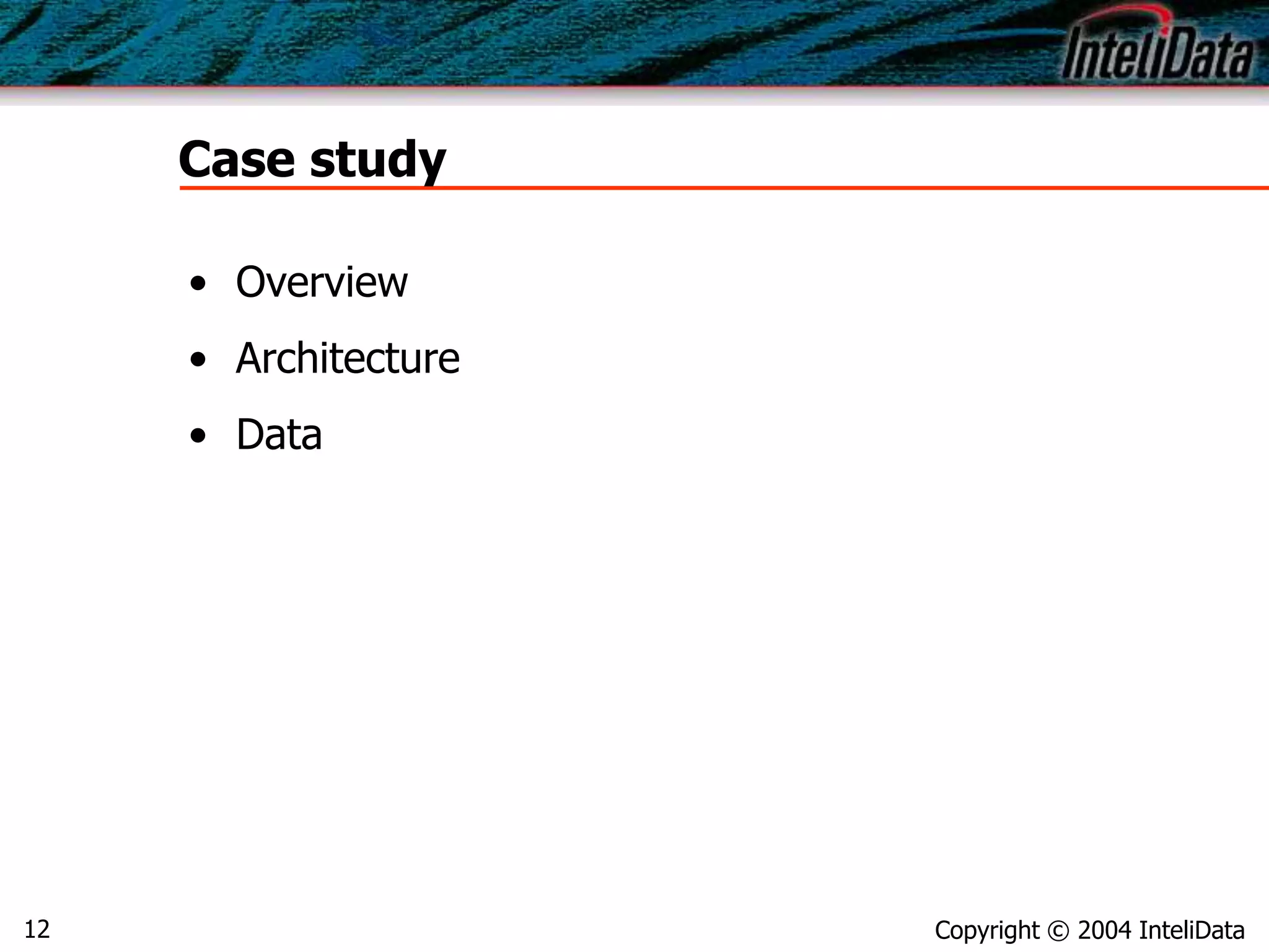 Copyright © 2004 InteliData12
Case study
• Overview
• Architecture
• Data
 