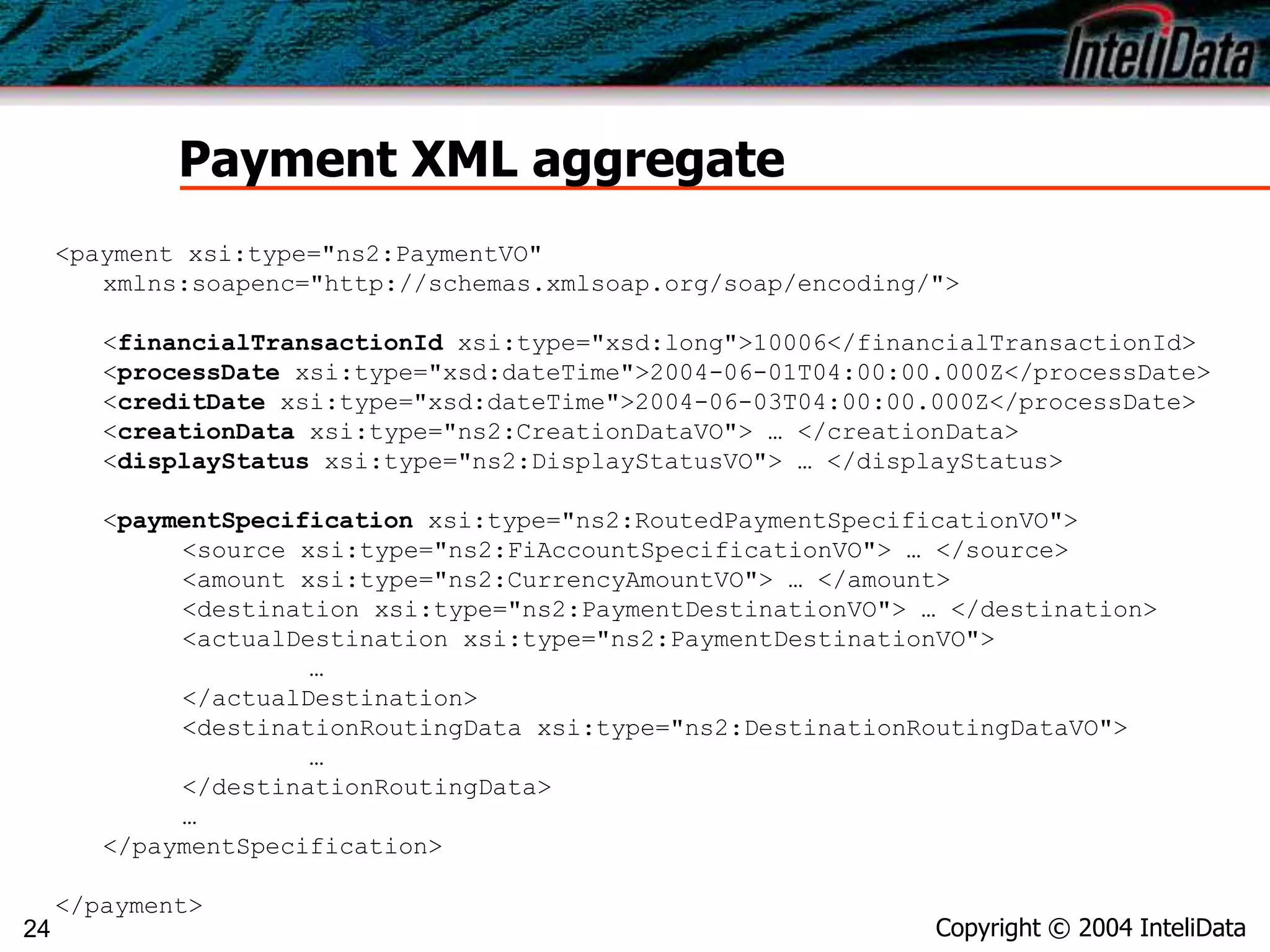 Copyright © 2004 InteliData24
Payment XML aggregate
<payment xsi:type="ns2:PaymentVO"
xmlns:soapenc="http://schemas.xmlsoap.org/soap/encoding/">
<financialTransactionId xsi:type="xsd:long">10006</financialTransactionId>
<processDate xsi:type="xsd:dateTime">2004-06-01T04:00:00.000Z</processDate>
<creditDate xsi:type="xsd:dateTime">2004-06-03T04:00:00.000Z</processDate>
<creationData xsi:type="ns2:CreationDataVO"> … </creationData>
<displayStatus xsi:type="ns2:DisplayStatusVO"> … </displayStatus>
<paymentSpecification xsi:type="ns2:RoutedPaymentSpecificationVO">
<source xsi:type="ns2:FiAccountSpecificationVO"> … </source>
<amount xsi:type="ns2:CurrencyAmountVO"> … </amount>
<destination xsi:type="ns2:PaymentDestinationVO"> … </destination>
<actualDestination xsi:type="ns2:PaymentDestinationVO">
…
</actualDestination>
<destinationRoutingData xsi:type="ns2:DestinationRoutingDataVO">
…
</destinationRoutingData>
…
</paymentSpecification>
</payment>
 