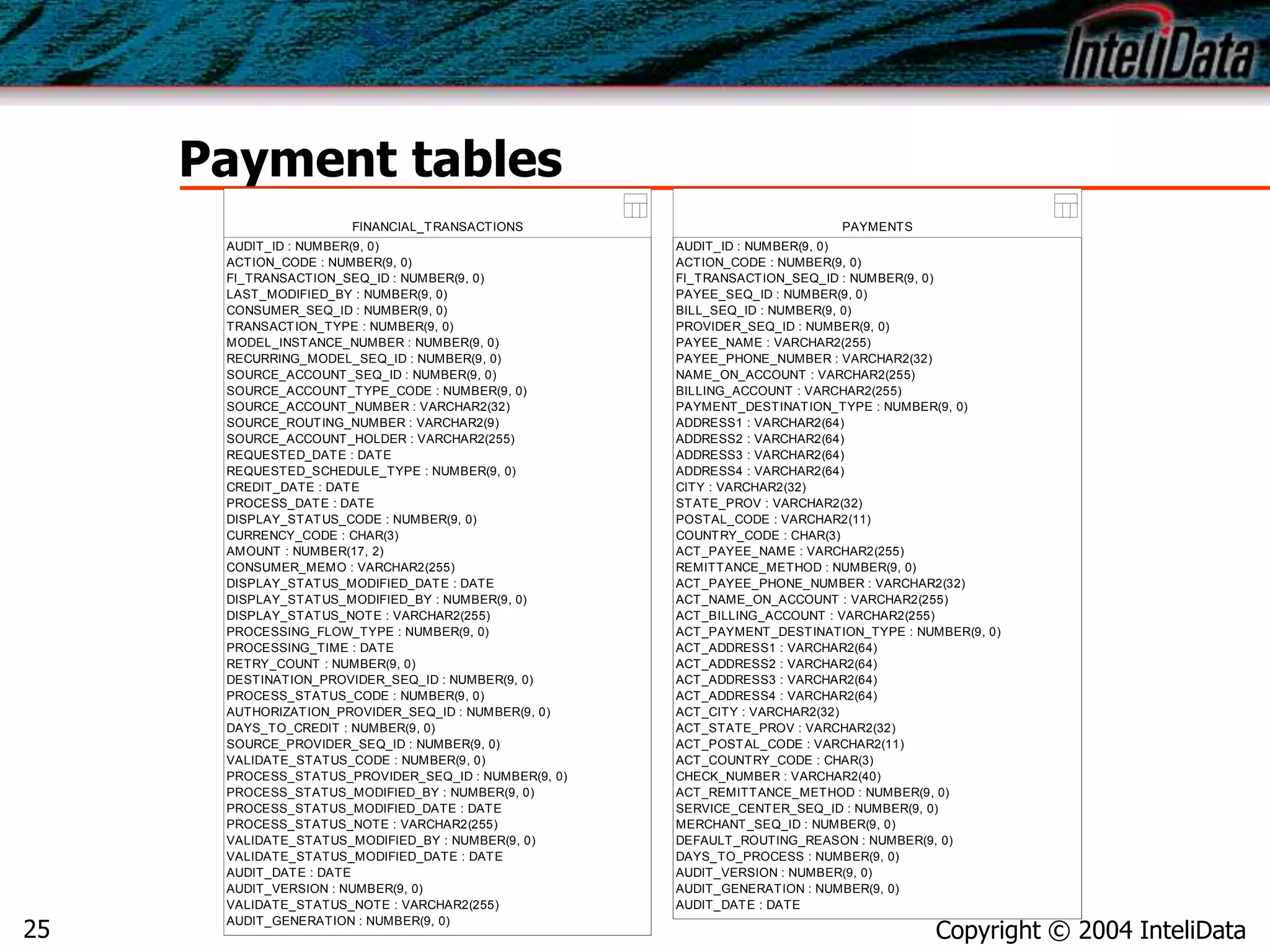 Copyright © 2004 InteliData25
Payment tables
PAYMENTS
AUDIT_ID : NUMBER(9, 0)
ACTION_CODE : NUMBER(9, 0)
FI_TRANSACTION_SEQ_ID : NUMBER(9, 0)
PAYEE_SEQ_ID : NUMBER(9, 0)
BILL_SEQ_ID : NUMBER(9, 0)
PROVIDER_SEQ_ID : NUMBER(9, 0)
PAYEE_NAME : VARCHAR2(255)
PAYEE_PHONE_NUMBER : VARCHAR2(32)
NAME_ON_ACCOUNT : VARCHAR2(255)
BILLING_ACCOUNT : VARCHAR2(255)
PAYMENT_DESTINATION_TYPE : NUMBER(9, 0)
ADDRESS1 : VARCHAR2(64)
ADDRESS2 : VARCHAR2(64)
ADDRESS3 : VARCHAR2(64)
ADDRESS4 : VARCHAR2(64)
CITY : VARCHAR2(32)
STATE_PROV : VARCHAR2(32)
POSTAL_CODE : VARCHAR2(11)
COUNTRY_CODE : CHAR(3)
ACT_PAYEE_NAME : VARCHAR2(255)
REMITTANCE_METHOD : NUMBER(9, 0)
ACT_PAYEE_PHONE_NUMBER : VARCHAR2(32)
ACT_NAME_ON_ACCOUNT : VARCHAR2(255)
ACT_BILLING_ACCOUNT : VARCHAR2(255)
ACT_PAYMENT_DESTINATION_TYPE : NUMBER(9, 0)
ACT_ADDRESS1 : VARCHAR2(64)
ACT_ADDRESS2 : VARCHAR2(64)
ACT_ADDRESS3 : VARCHAR2(64)
ACT_ADDRESS4 : VARCHAR2(64)
ACT_CITY : VARCHAR2(32)
ACT_STATE_PROV : VARCHAR2(32)
ACT_POSTAL_CODE : VARCHAR2(11)
ACT_COUNTRY_CODE : CHAR(3)
CHECK_NUMBER : VARCHAR2(40)
ACT_REMITTANCE_METHOD : NUMBER(9, 0)
SERVICE_CENTER_SEQ_ID : NUMBER(9, 0)
MERCHANT_SEQ_ID : NUMBER(9, 0)
DEFAULT_ROUTING_REASON : NUMBER(9, 0)
DAYS_TO_PROCESS : NUMBER(9, 0)
AUDIT_VERSION : NUMBER(9, 0)
AUDIT_GENERATION : NUMBER(9, 0)
AUDIT_DATE : DATE
FINANCIAL_TRANSACTIONS
AUDIT_ID : NUMBER(9, 0)
ACTION_CODE : NUMBER(9, 0)
FI_TRANSACTION_SEQ_ID : NUMBER(9, 0)
LAST_MODIFIED_BY : NUMBER(9, 0)
CONSUMER_SEQ_ID : NUMBER(9, 0)
TRANSACTION_TYPE : NUMBER(9, 0)
MODEL_INSTANCE_NUMBER : NUMBER(9, 0)
RECURRING_MODEL_SEQ_ID : NUMBER(9, 0)
SOURCE_ACCOUNT_SEQ_ID : NUMBER(9, 0)
SOURCE_ACCOUNT_TYPE_CODE : NUMBER(9, 0)
SOURCE_ACCOUNT_NUMBER : VARCHAR2(32)
SOURCE_ROUTING_NUMBER : VARCHAR2(9)
SOURCE_ACCOUNT_HOLDER : VARCHAR2(255)
REQUESTED_DATE : DATE
REQUESTED_SCHEDULE_TYPE : NUMBER(9, 0)
CREDIT_DATE : DATE
PROCESS_DATE : DATE
DISPLAY_STATUS_CODE : NUMBER(9, 0)
CURRENCY_CODE : CHAR(3)
AMOUNT : NUMBER(17, 2)
CONSUMER_MEMO : VARCHAR2(255)
DISPLAY_STATUS_MODIFIED_DATE : DATE
DISPLAY_STATUS_MODIFIED_BY : NUMBER(9, 0)
DISPLAY_STATUS_NOTE : VARCHAR2(255)
PROCESSING_FLOW_TYPE : NUMBER(9, 0)
PROCESSING_TIME : DATE
RETRY_COUNT : NUMBER(9, 0)
DESTINATION_PROVIDER_SEQ_ID : NUMBER(9, 0)
PROCESS_STATUS_CODE : NUMBER(9, 0)
AUTHORIZATION_PROVIDER_SEQ_ID : NUMBER(9, 0)
DAYS_TO_CREDIT : NUMBER(9, 0)
SOURCE_PROVIDER_SEQ_ID : NUMBER(9, 0)
VALIDATE_STATUS_CODE : NUMBER(9, 0)
PROCESS_STATUS_PROVIDER_SEQ_ID : NUMBER(9, 0)
PROCESS_STATUS_MODIFIED_BY : NUMBER(9, 0)
PROCESS_STATUS_MODIFIED_DATE : DATE
PROCESS_STATUS_NOTE : VARCHAR2(255)
VALIDATE_STATUS_MODIFIED_BY : NUMBER(9, 0)
VALIDATE_STATUS_MODIFIED_DATE : DATE
AUDIT_DATE : DATE
AUDIT_VERSION : NUMBER(9, 0)
VALIDATE_STATUS_NOTE : VARCHAR2(255)
AUDIT_GENERATION : NUMBER(9, 0)
 