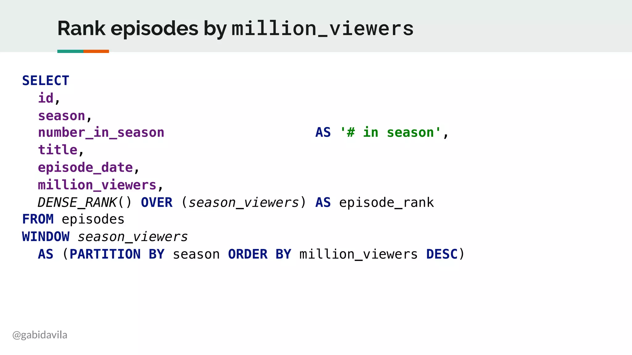 @gabidavila
Rank episodes by million_viewers
SELECT
id,
season,
number_in_season AS '# in season',
title,
episode_date,
million_viewers,
DENSE_RANK() OVER (season_viewers) AS episode_rank
FROM episodes
WINDOW season_viewers
AS (PARTITION BY season ORDER BY million_viewers DESC)
 