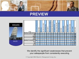 PREVIEW  ISSUES SALES  We identify the significant weaknesses that prevent  your salespeople from consistently executing. 