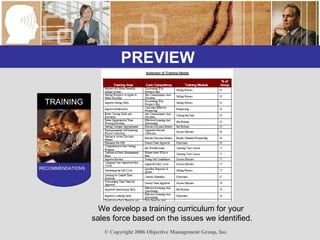 PREVIEW  TRAINING RECOMMENDATIONS  We develop a training curriculum for your  sales force based on the issues we identified. 