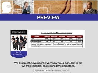 PREVIEW  EFFECTIVENESS SALES  MANAGEMENT We illustrate the overall effectiveness of sales managers in the five most important sales management functions. 