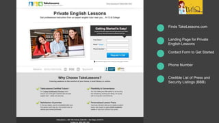 Finds TakeLessons.com
Landing Page for Private
English Lessons
Contact Form to Get Started
Phone Number
Credible List of Press and
Security Listings (BBB)
 