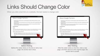 After Clicking
After the visitor clicks on the link, visits a new
page, and then returns to the original page, the
anchor text is purple.
Before Clicking
Before the visitor clicks on the link to visit a new
page, the anchor text is blue.
Links Should Change Color
When you click a text link on a website, the text needs to change color
 