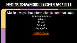 Multiple ways that information is communicated:
Announcements
Listserv
Email
Edmodo
ManageBac
CAS Syllabus
COMMUNICATION=MEETING DEADLINES
 