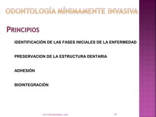IDENTIFICACIÓN DE LAS FASES INICIALES DE LA ENFERMEDAD


PRESERVACION DE LA ESTRUCTURA DENTARIA


ADHESIÓN


BIOINTEGRACIÓN




            Dra. Pilar Maddaleno Julía.     14
 