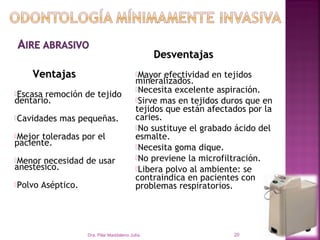 Desventajas
    Ventajas                                 Mayor  efectividad en tejidos
                                             mineralizados.
                                             Necesita excelente aspiración.
Escasaremoción de tejido
dentario.                                    Sirve mas en tejidos duros que en
                                             tejidos que están afectados por la
Cavidades   mas pequeñas.                   caries.
                                             No sustituye el grabado ácido del
Mejortoleradas por el                       esmalte.
paciente.                                    Necesita goma dique.

Menor                                       No previene la microfiltración.
       necesidad de usar
anestésico.                                  Libera polvo al ambiente: se
                                             contraindica en pacientes con
Polvo   Aséptico.                           problemas respiratorios.




                     Dra. Pilar Maddaleno Julía.                     20
 