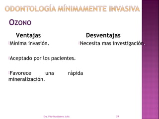 Ventajas                                       Desventajas
Mínima   invasión.                           Necesita   mas investigación.

Aceptado   por los pacientes.

Favorece         una                    rápida
mineralización.




                Dra. Pilar Maddaleno Julía.                    24
 