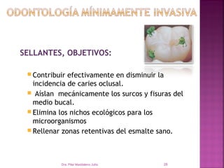 SELLANTES, OBJETIVOS:

  Contribuir efectivamente en disminuir la
   incidencia de caries oclusal.
  Aíslan mecánicamente los surcos y fisuras del
   medio bucal.
  Elimina los nichos ecológicos para los
   microorganismos
  Rellenar zonas retentivas del esmalte sano.




           Dra. Pilar Maddaleno Julía.    28
 