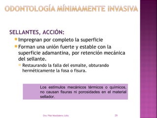 SELLANTES, ACCIÓN:
  Impregnan   por completo la superficie
  Forman una unión fuerte y estable con la
   superficie adamantina, por retención mecánica
   del sellante.
     Restaurando la falla del esmalte, obturando
      herméticamente la fosa o fisura.


              Los estímulos mecánicos térmicos o químicos,
              no causan fisuras ni porosidades en el material
              sellador.



                Dra. Pilar Maddaleno Julía.           29
 