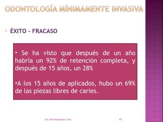    ÉXITO - FRACASO


     • Se ha visto que después de un año
     habría un 92% de retención completa, y
     después de 15 años, un 28%

     •A los 15 años de aplicados, hubo un 69%
     de las piezas libres de caries.



              Dra. Pilar Maddaleno Julía.   43
 
