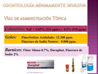 Colutorios: NaF : 0.05% (226 ppm) y         0.2% (910 ppm)

Geles:     Fluorfosfato Acidulado: 12.300 ppm.
           Fluoruro de Sodio Neutro: 9.000 ppm.

Barnices: Flúor Silano 0.7%, Duraphat, Fluoruro de
Sodio 2%




              Dra. Pilar Maddaleno Julía.        6
 