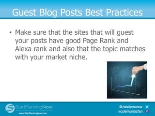 Guest Blog Posts Best Practices
• Make sure that the sites that will guest
your posts have good Page Rank and
Alexa rank and also that the topic matches
with your market niche.
 