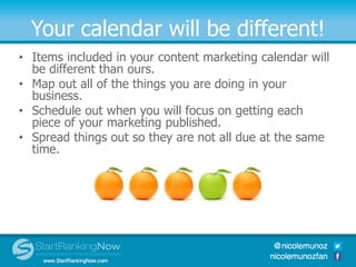 Your calendar will be different!
• Items included in your content marketing calendar will
be different than ours.
• Map out all of the things you are doing in your
business.
• Schedule out when you will focus on getting each
piece of your marketing published.
• Spread things out so they are not all due at the same
time.
 